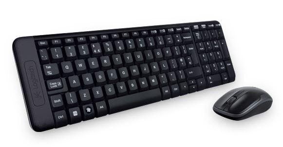 Logitech MK220 Wireless Keyboard and Mouse Combo showcasing its compact design and minimalist layout, ideal for saving desk space.