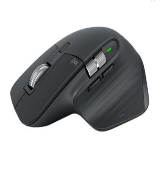 Logitech MX Master 3S Black Wireless Bluetooth Mouse with 4000 DPI and 7 buttons, showcasing its ergonomic design and advanced features.