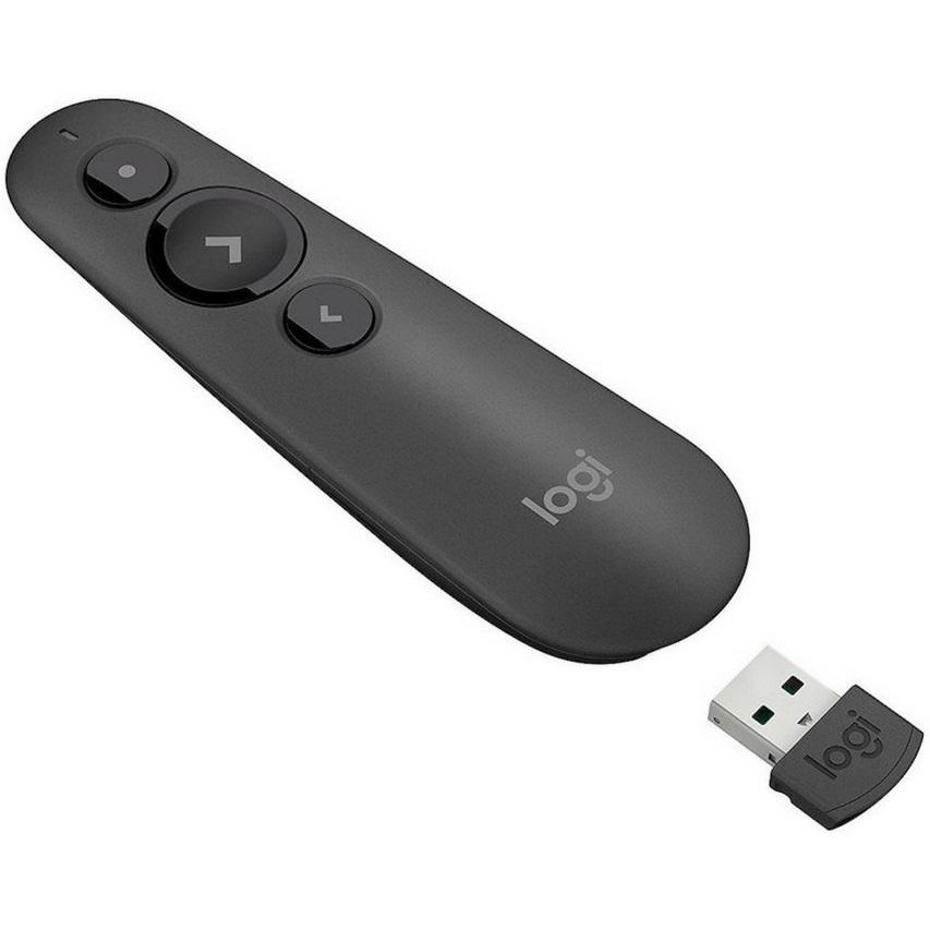 Logitech R500 Laser Presentation Remote with red laser pointer, showcasing its ergonomic design and connectivity options.