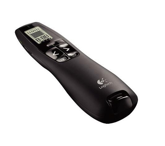 Logitech R800 Laser Presentation Remote with LCD display and green laser pointer, designed for professional presentations.