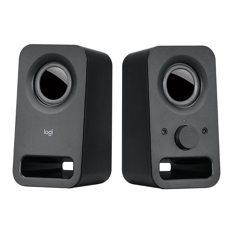 LOGITECH Z150 Speakers in black, showcasing compact design and volume control knob.