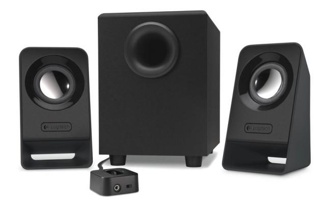 Logitech Z213 2.1 Speaker System with compact satellite speakers and subwoofer, showcasing its sleek design and control pod.