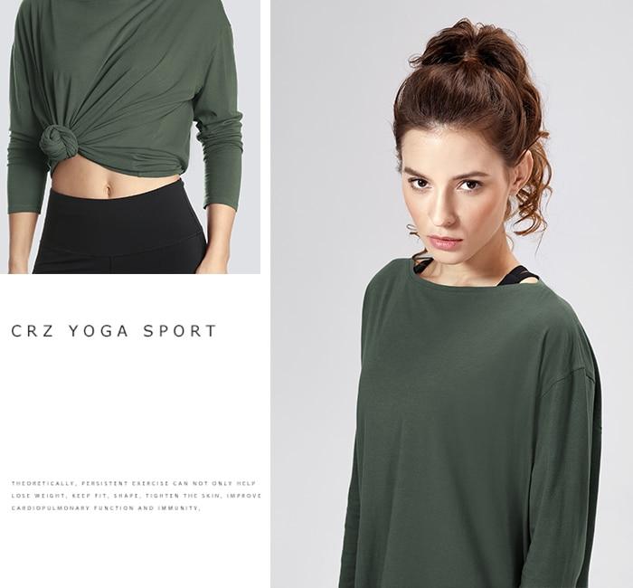 A woman wearing a loose fit long sleeve workout shirt made of Pima cotton, perfect for yoga and casual outings.