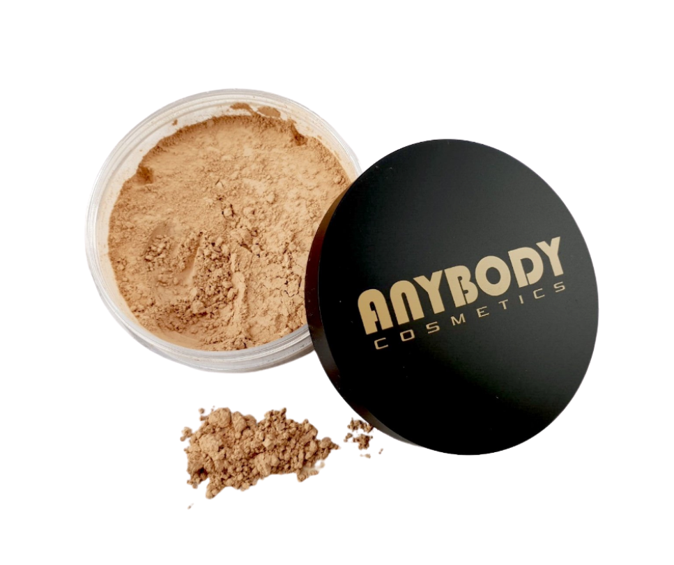 Loose Mineral Foundation Shade MF-A in a jar with a brush, showcasing its fine powder texture and natural shade.