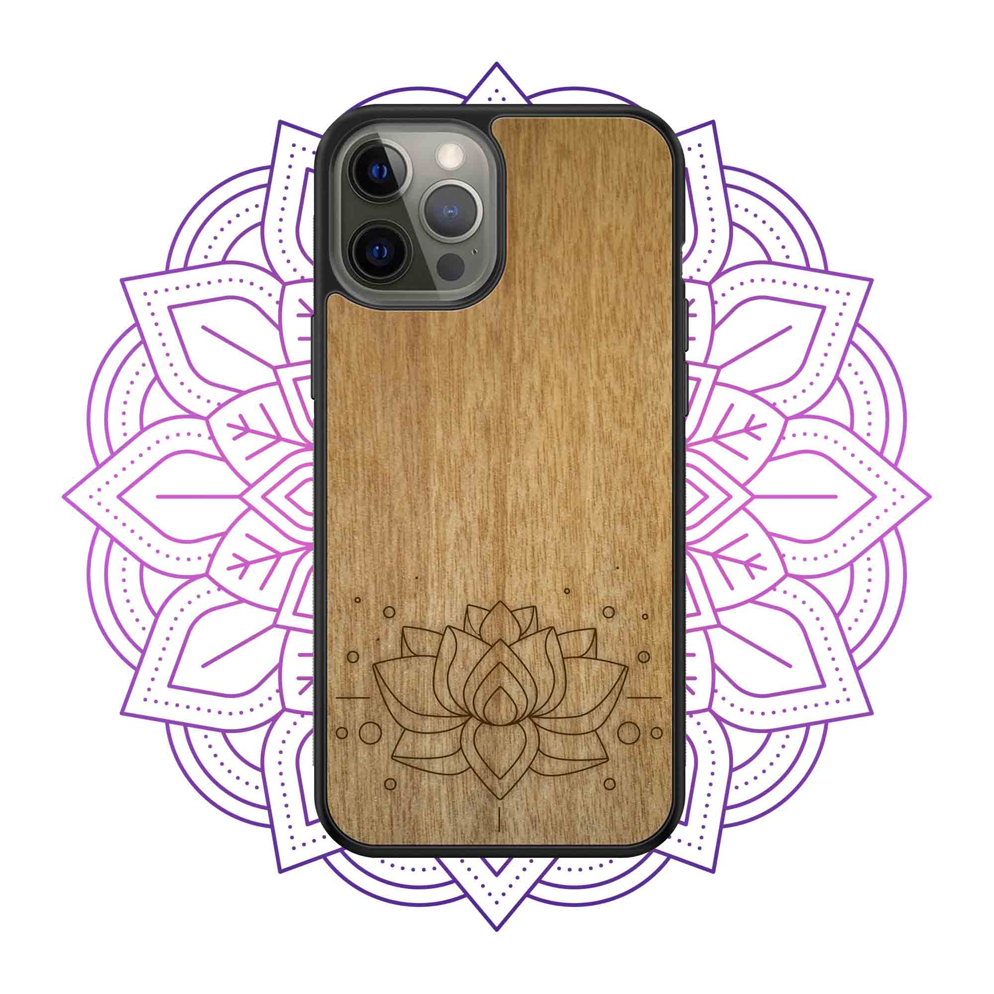 Engraved Lotus Flower wooden phone case showcasing intricate floral design and natural wood grain.