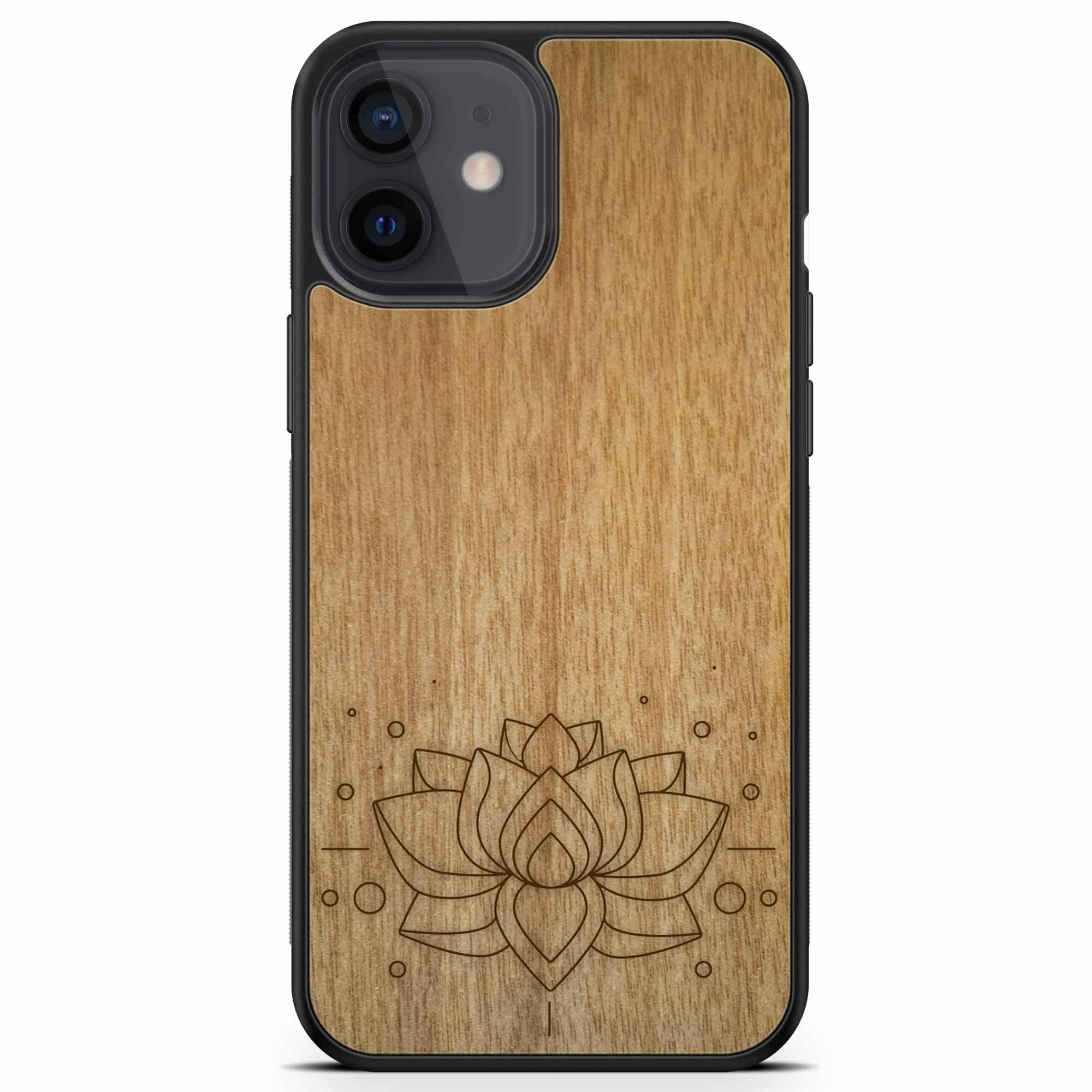 Engraved Lotus Flower wooden phone case showcasing intricate floral design and natural wood grain.