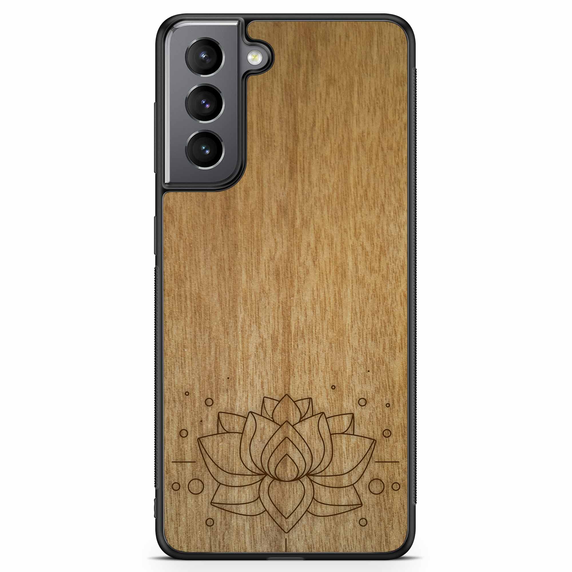 Engraved Lotus Flower wooden phone case showcasing intricate floral design and natural wood grain.