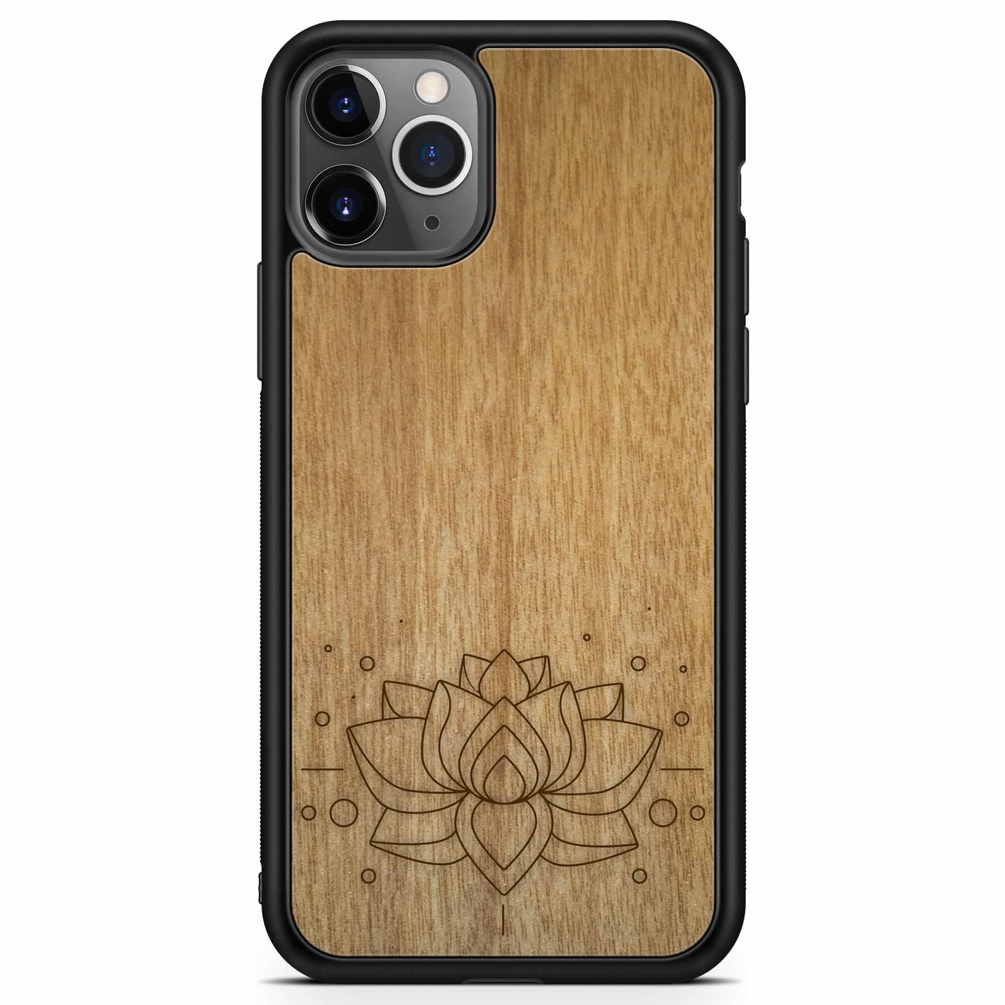 Engraved Lotus Flower wooden phone case showcasing intricate floral design and natural wood grain.