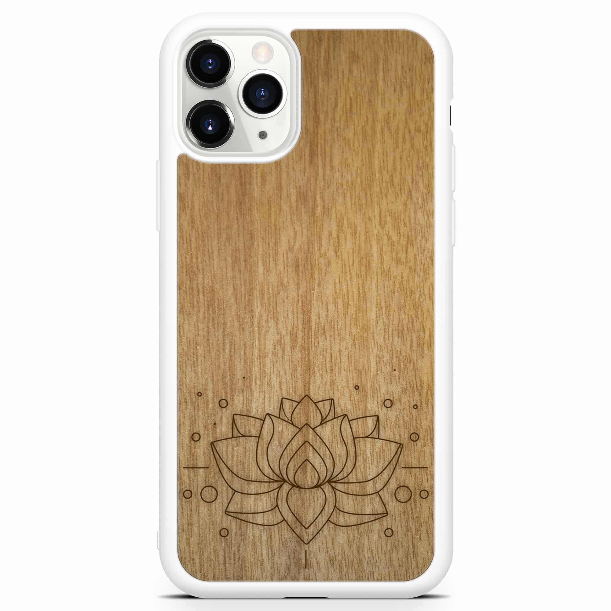 Engraved Lotus Flower wooden phone case showcasing intricate floral design and natural wood grain.