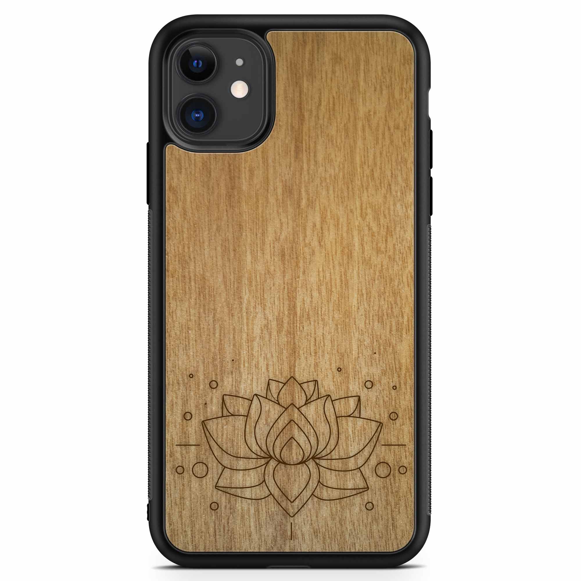 Engraved Lotus Flower wooden phone case showcasing intricate floral design and natural wood grain.