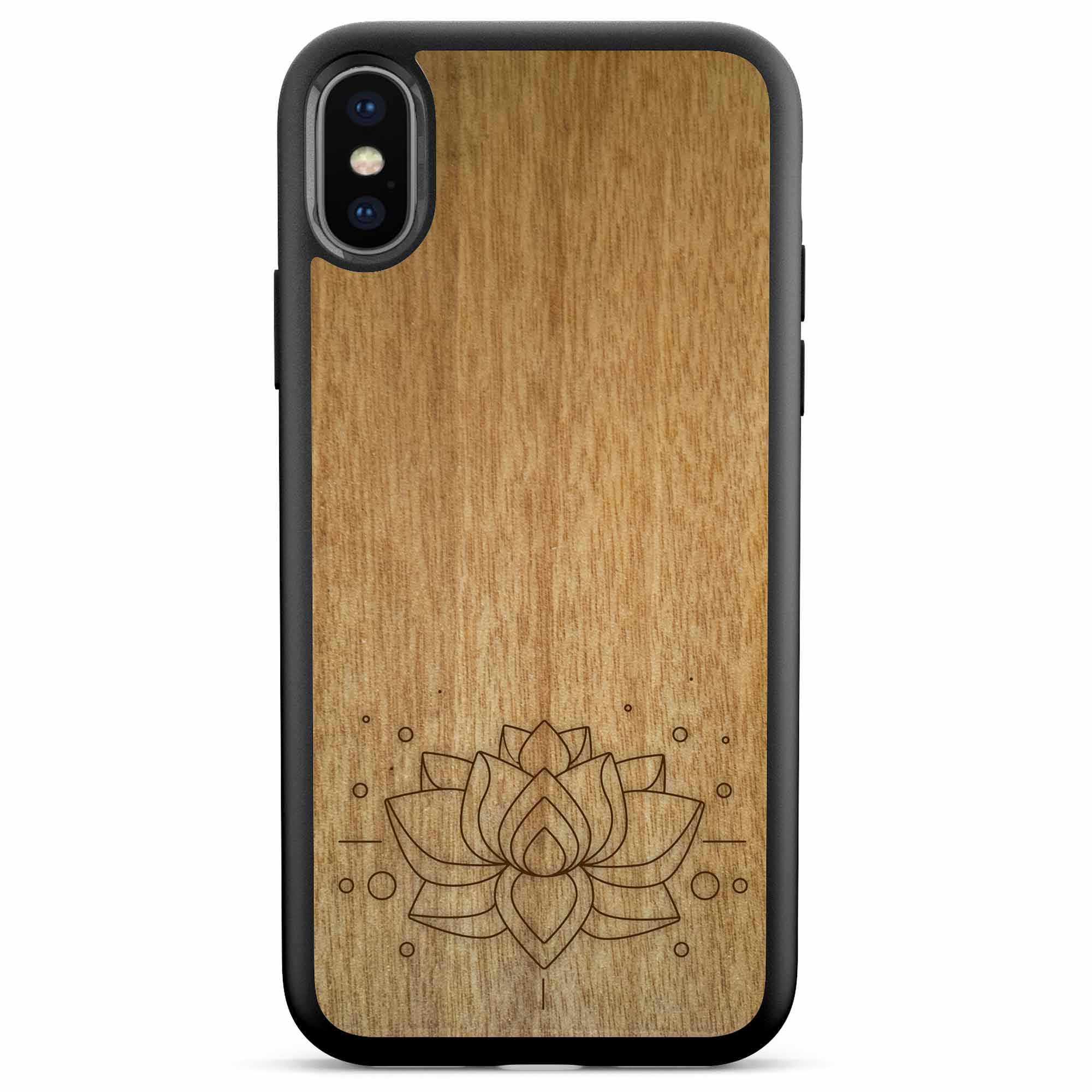 Engraved Lotus Flower wooden phone case showcasing intricate floral design and natural wood grain.