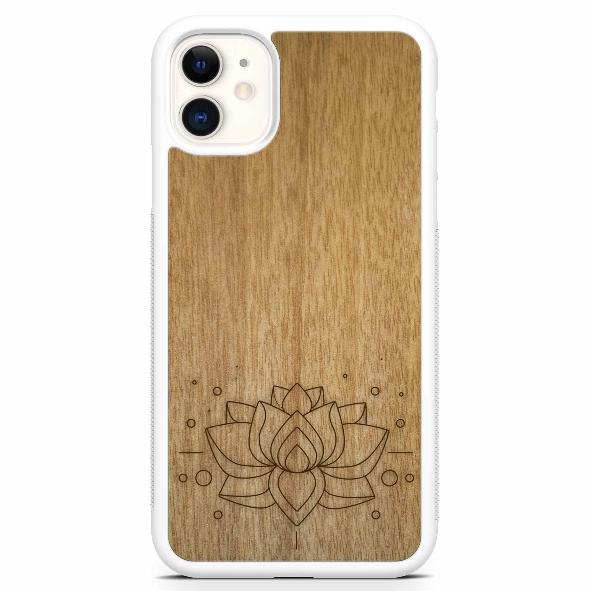 Engraved Lotus Flower wooden phone case showcasing intricate floral design and natural wood grain.