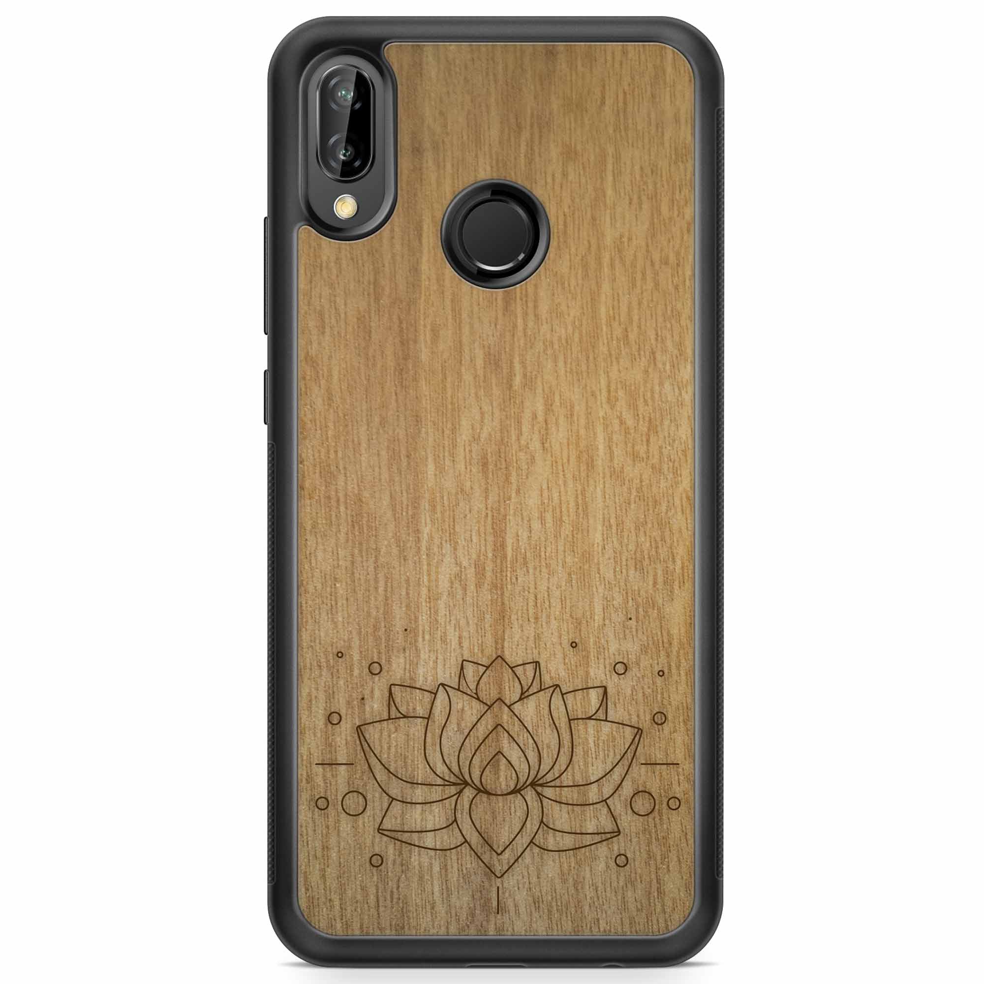 Engraved Lotus Flower wooden phone case showcasing intricate floral design and natural wood grain.