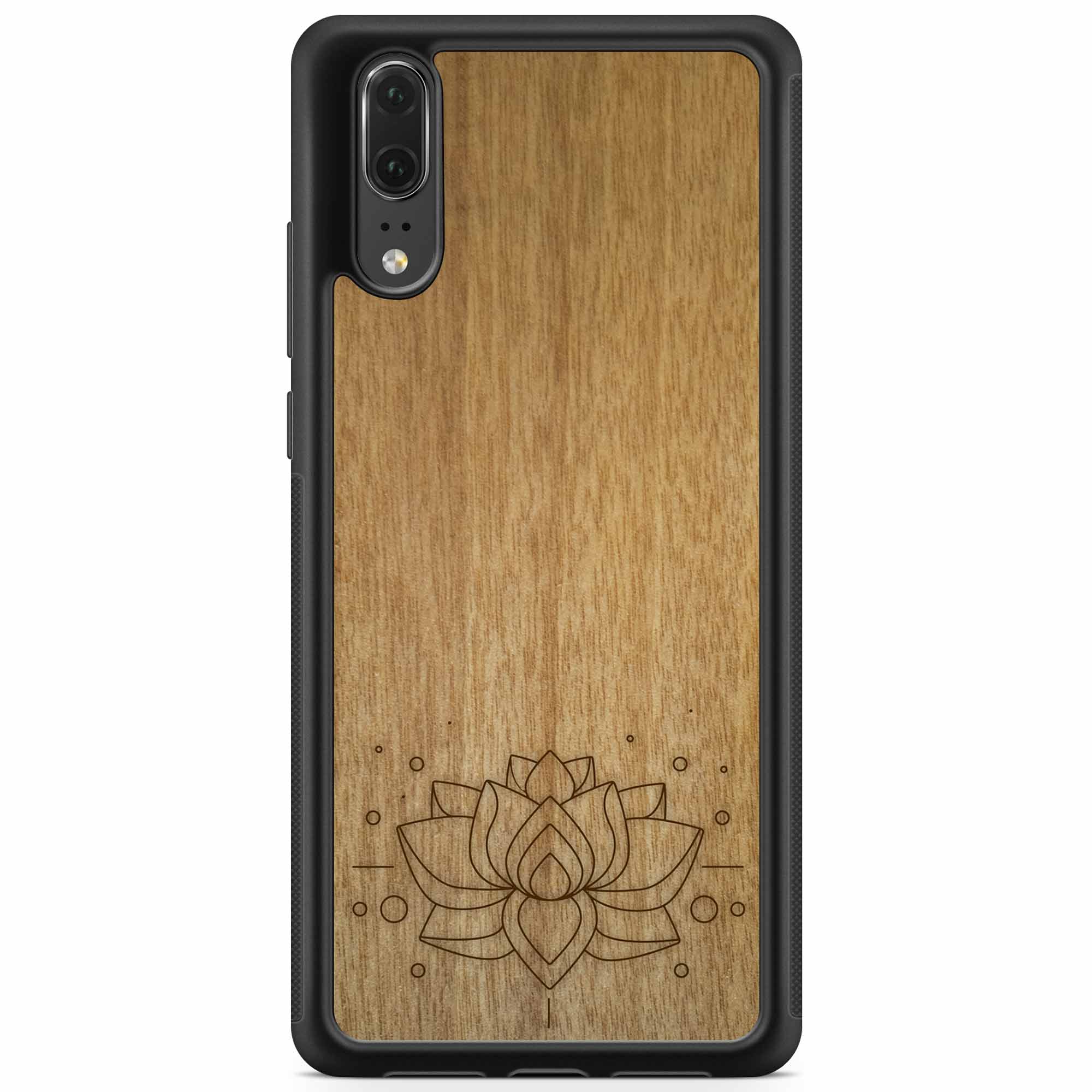 Engraved Lotus Flower wooden phone case showcasing intricate floral design and natural wood grain.