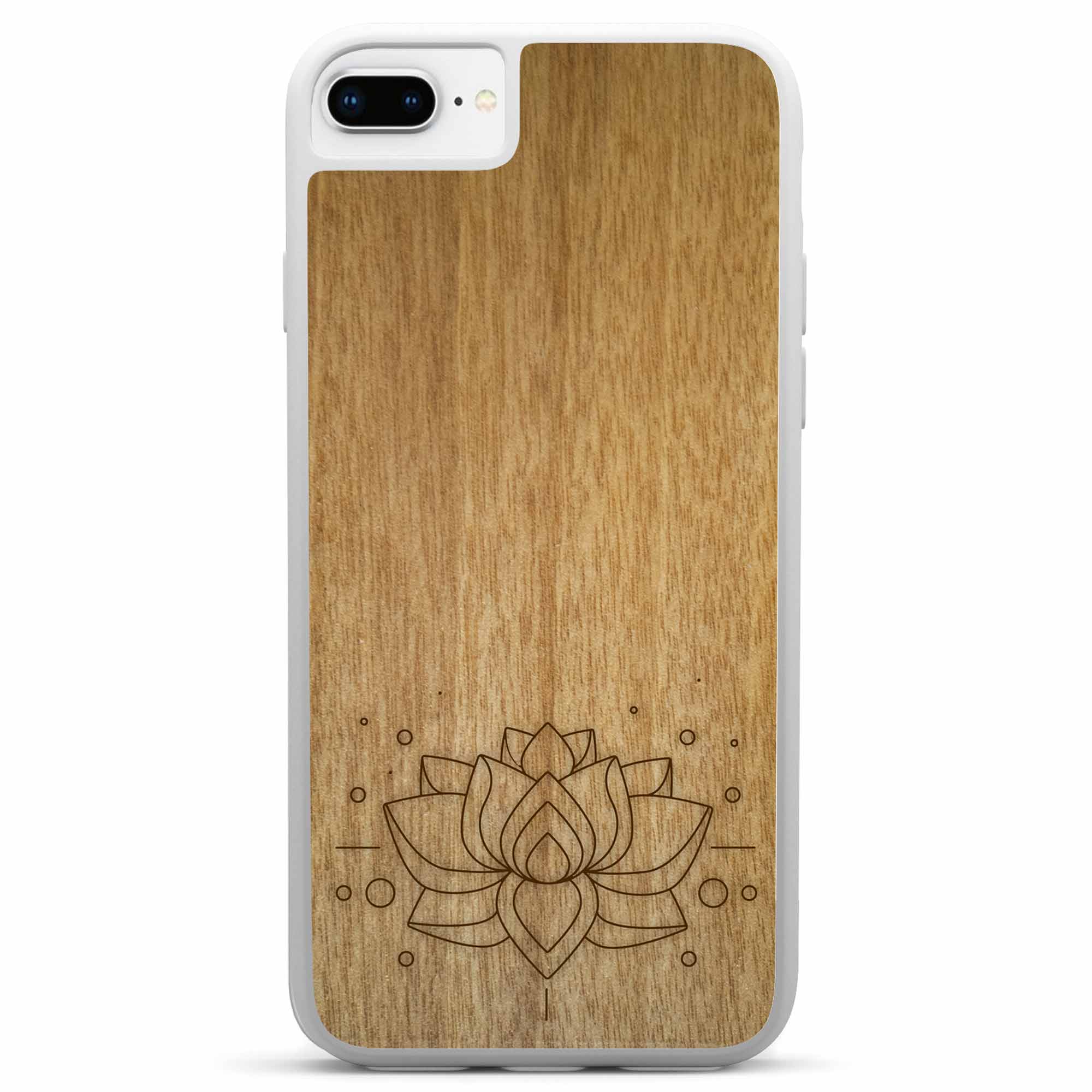 Engraved Lotus Flower wooden phone case showcasing intricate floral design and natural wood grain.