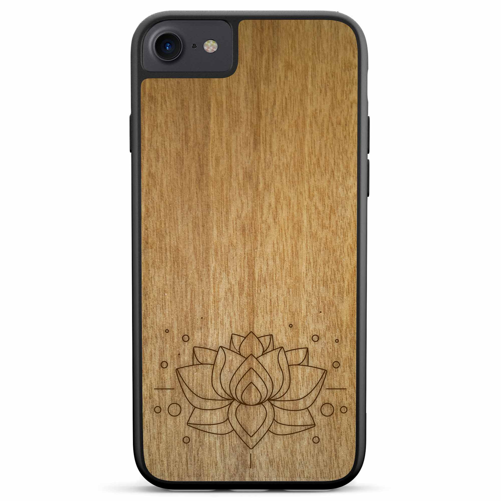 Engraved Lotus Flower wooden phone case showcasing intricate floral design and natural wood grain.