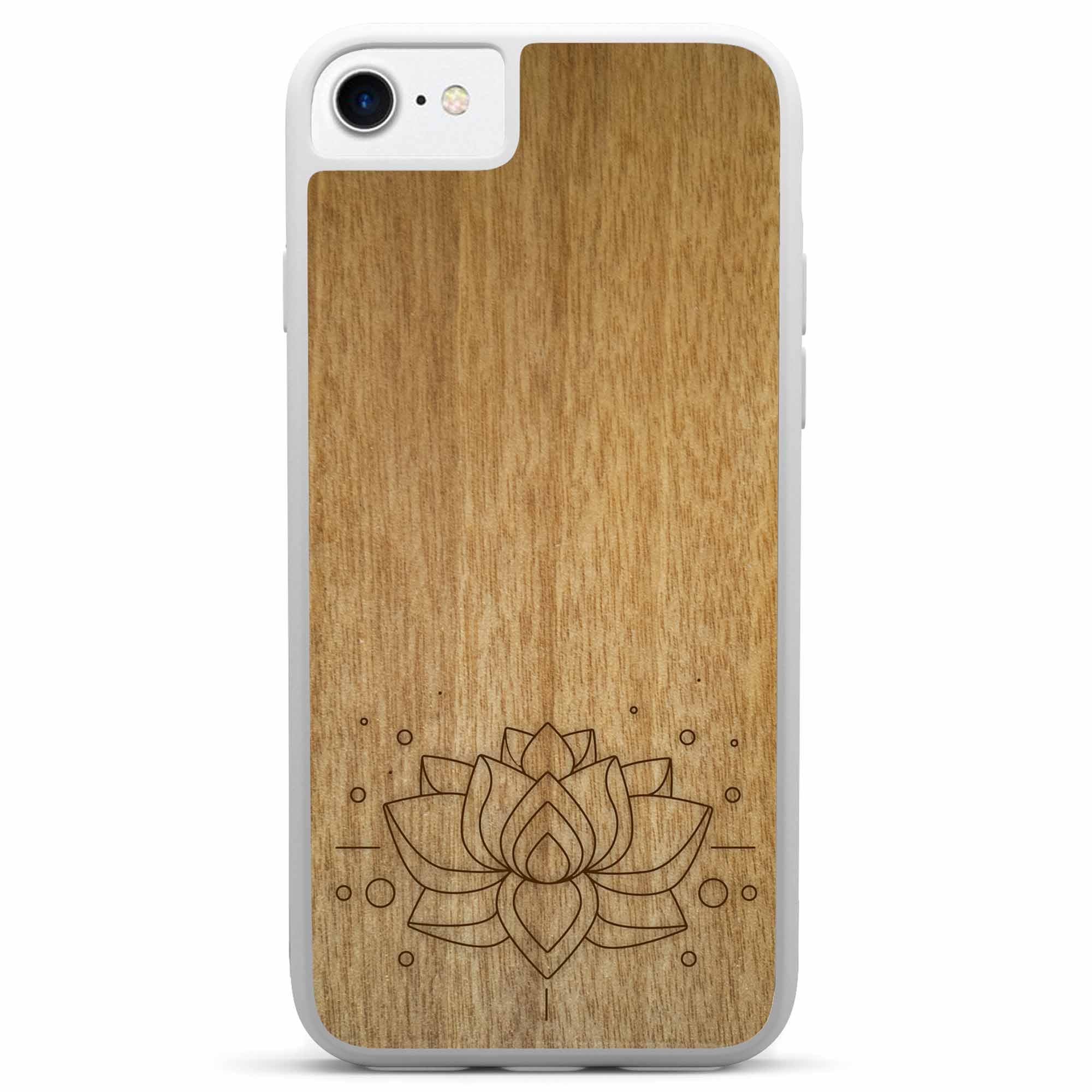 Engraved Lotus Flower wooden phone case showcasing intricate floral design and natural wood grain.