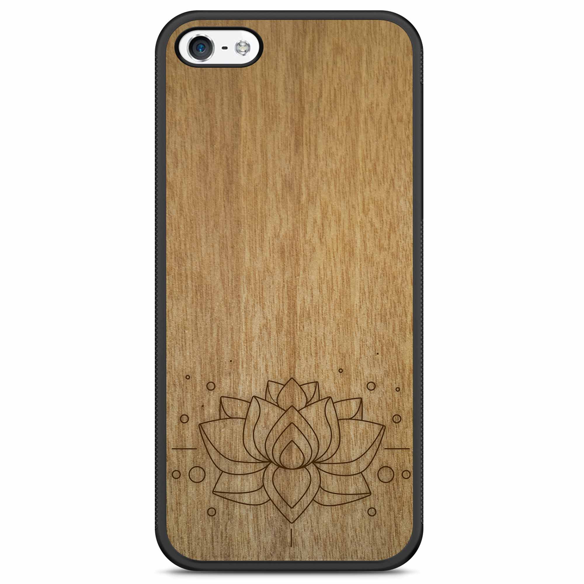 Engraved Lotus Flower wooden phone case showcasing intricate floral design and natural wood grain.