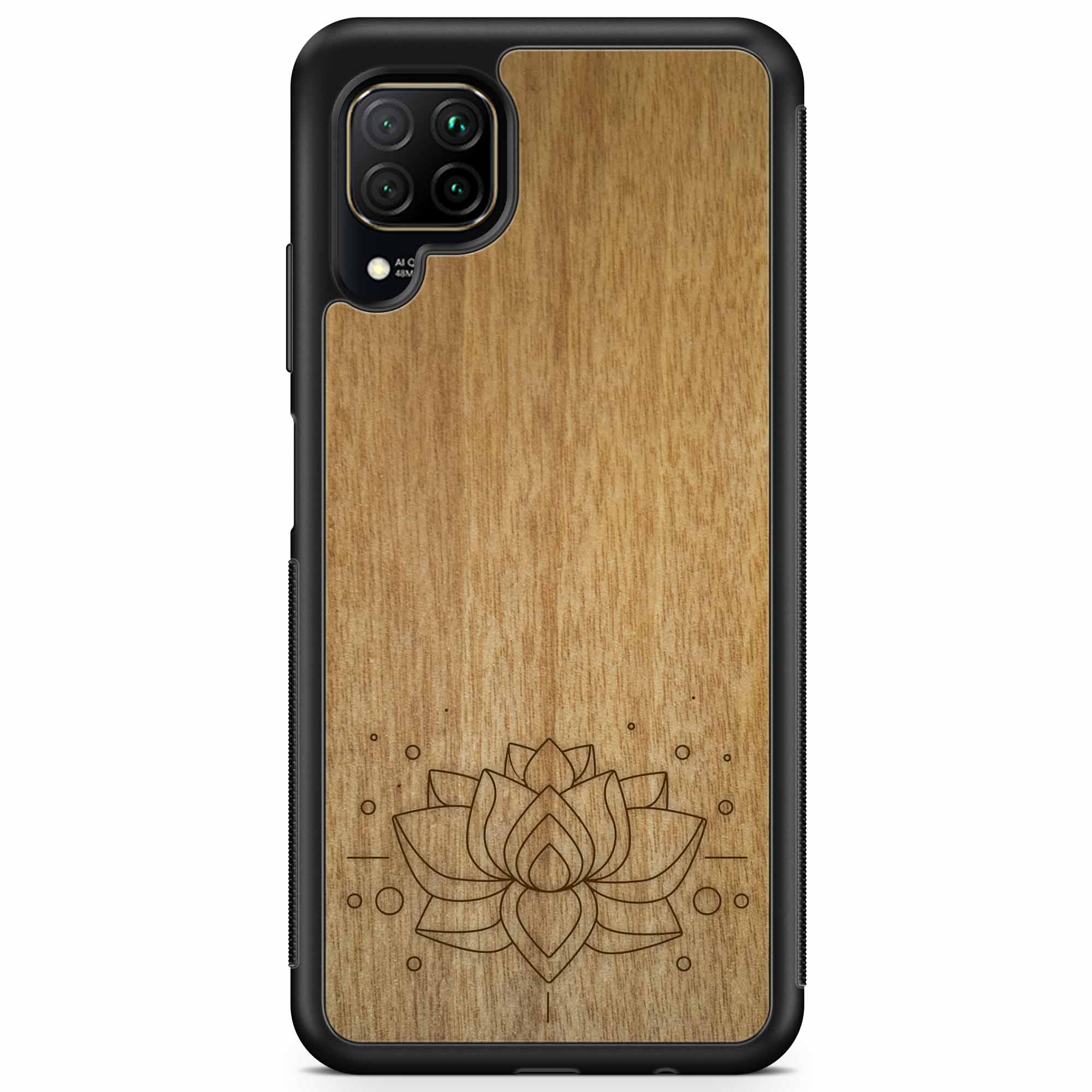 Engraved Lotus Flower wooden phone case showcasing intricate floral design and natural wood grain.