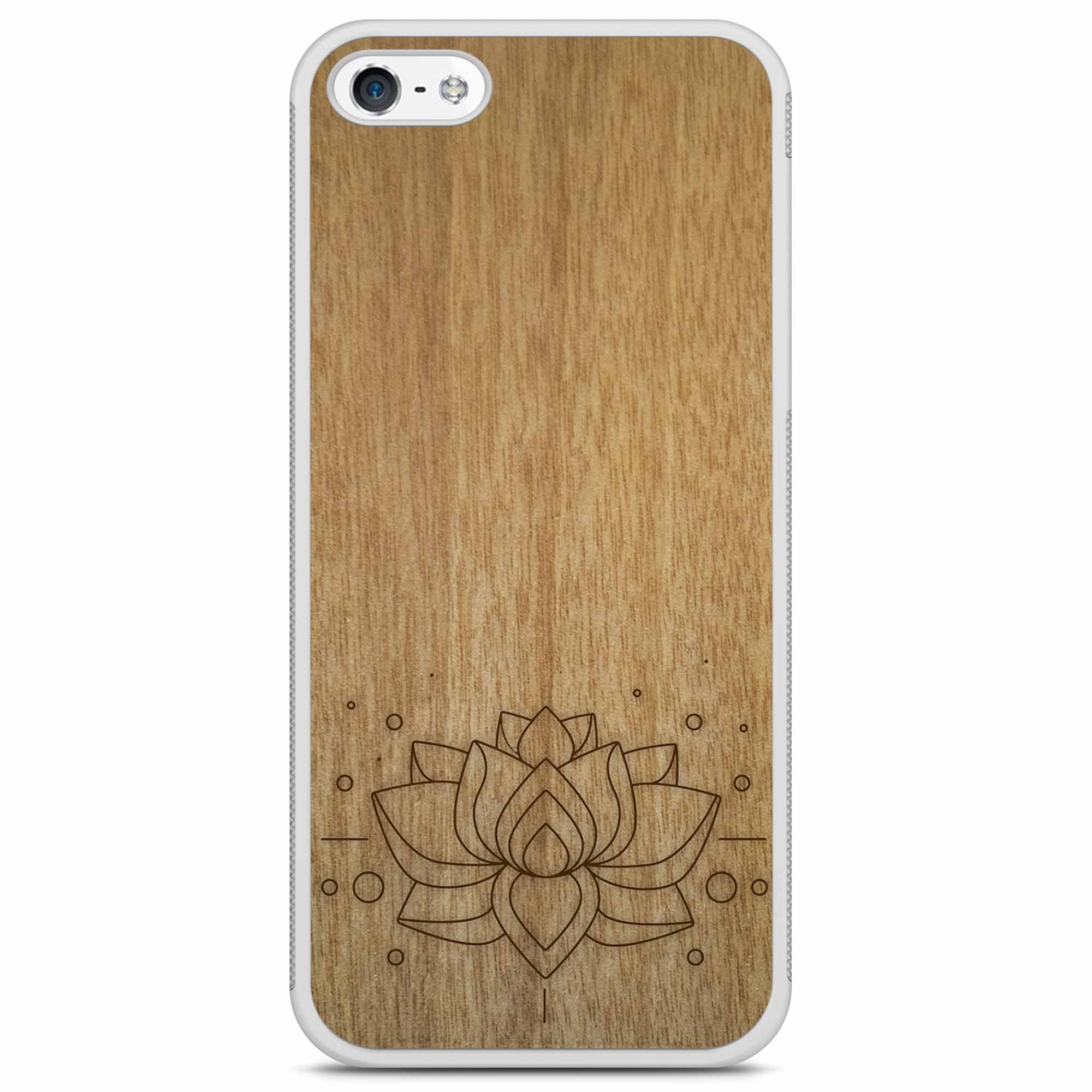 Engraved Lotus Flower wooden phone case showcasing intricate floral design and natural wood grain.