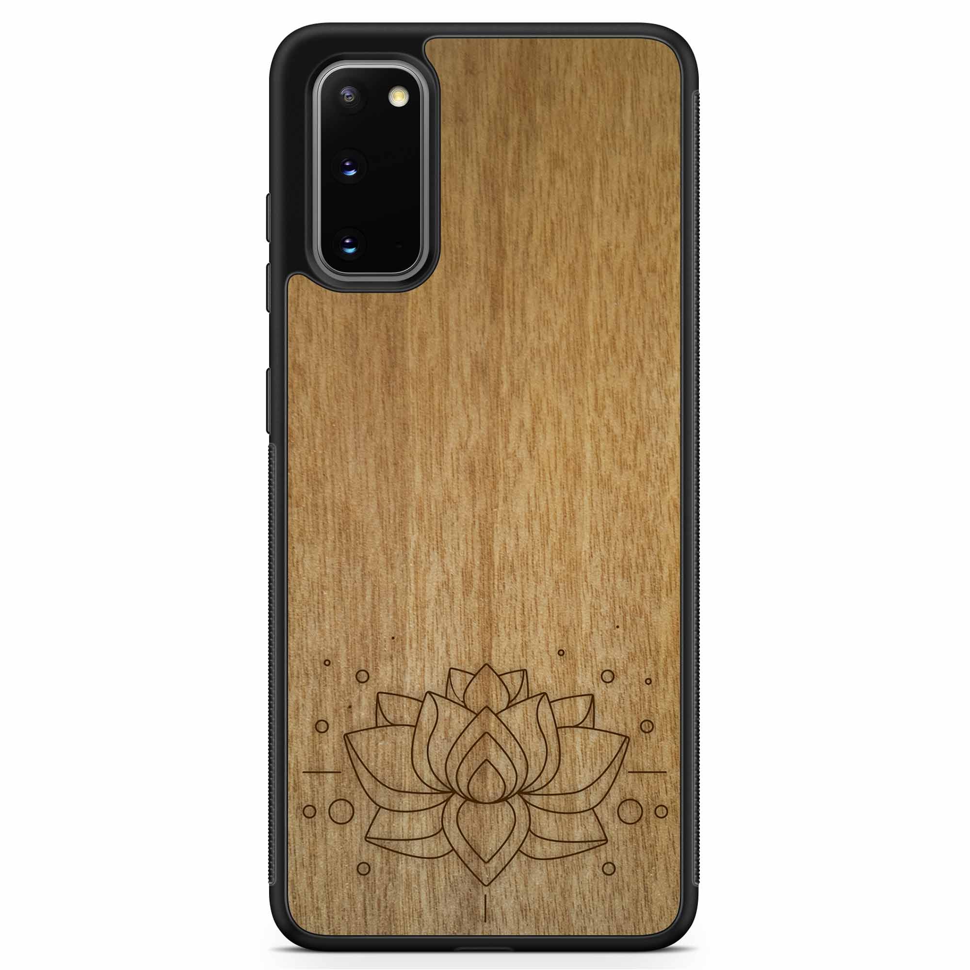 Engraved Lotus Flower wooden phone case showcasing intricate floral design and natural wood grain.