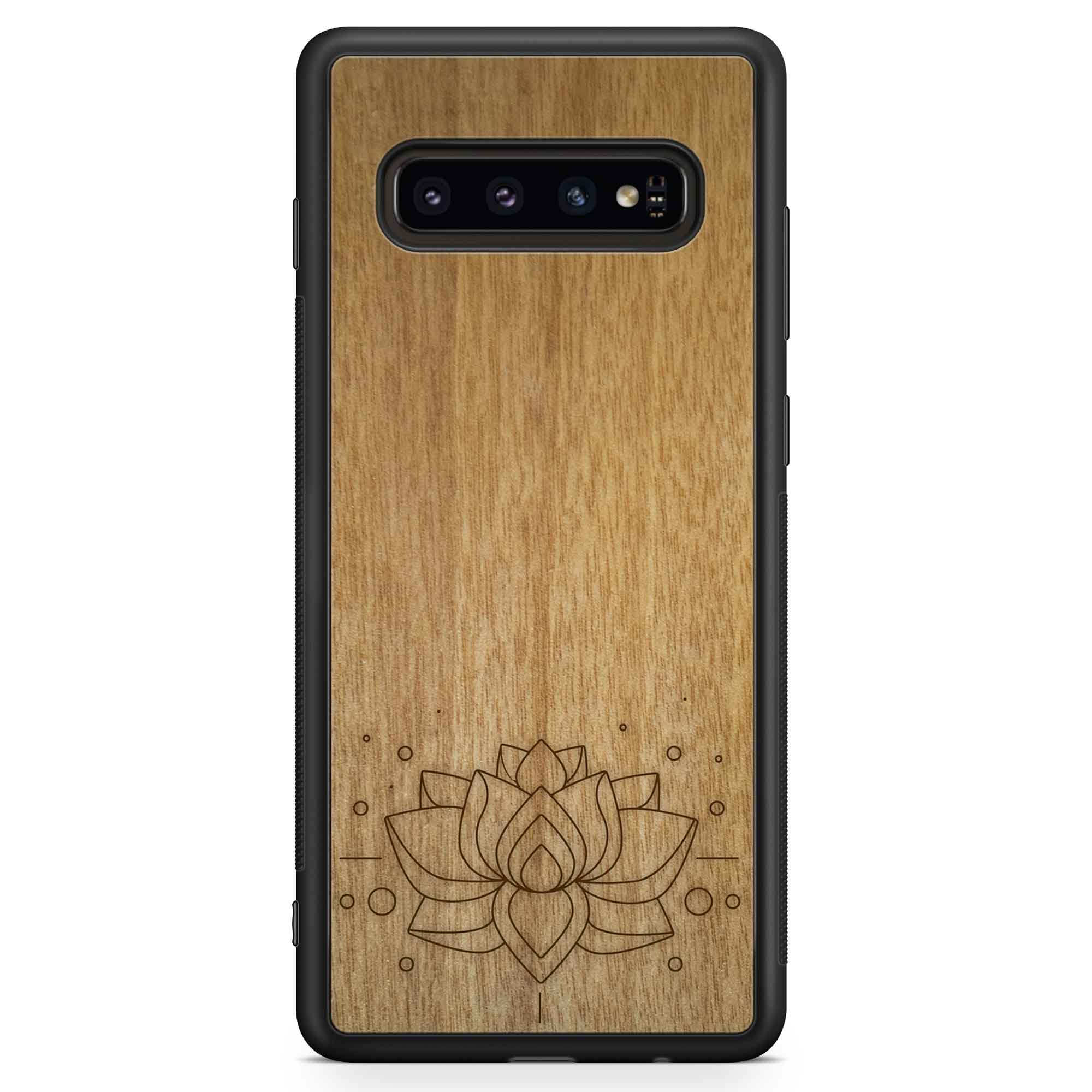 Engraved Lotus Flower wooden phone case showcasing intricate floral design and natural wood grain.