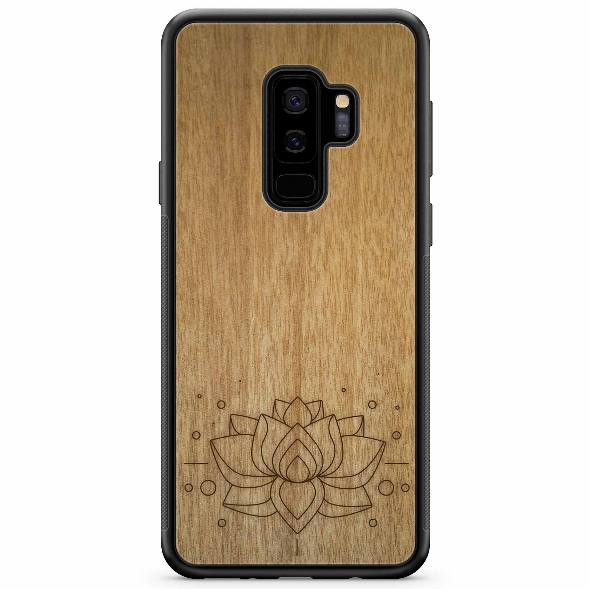 Engraved Lotus Flower wooden phone case showcasing intricate floral design and natural wood grain.