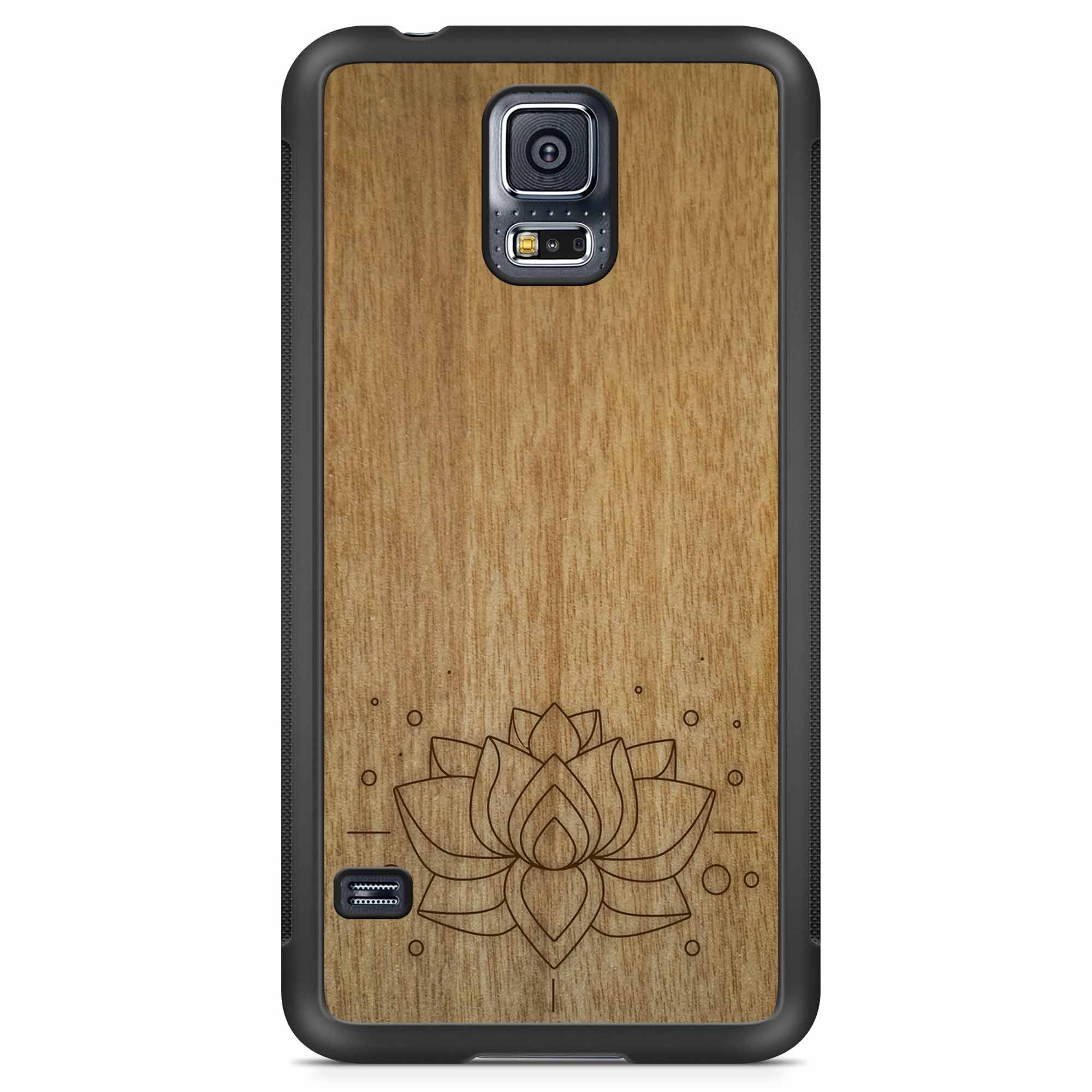 Engraved Lotus Flower wooden phone case showcasing intricate floral design and natural wood grain.