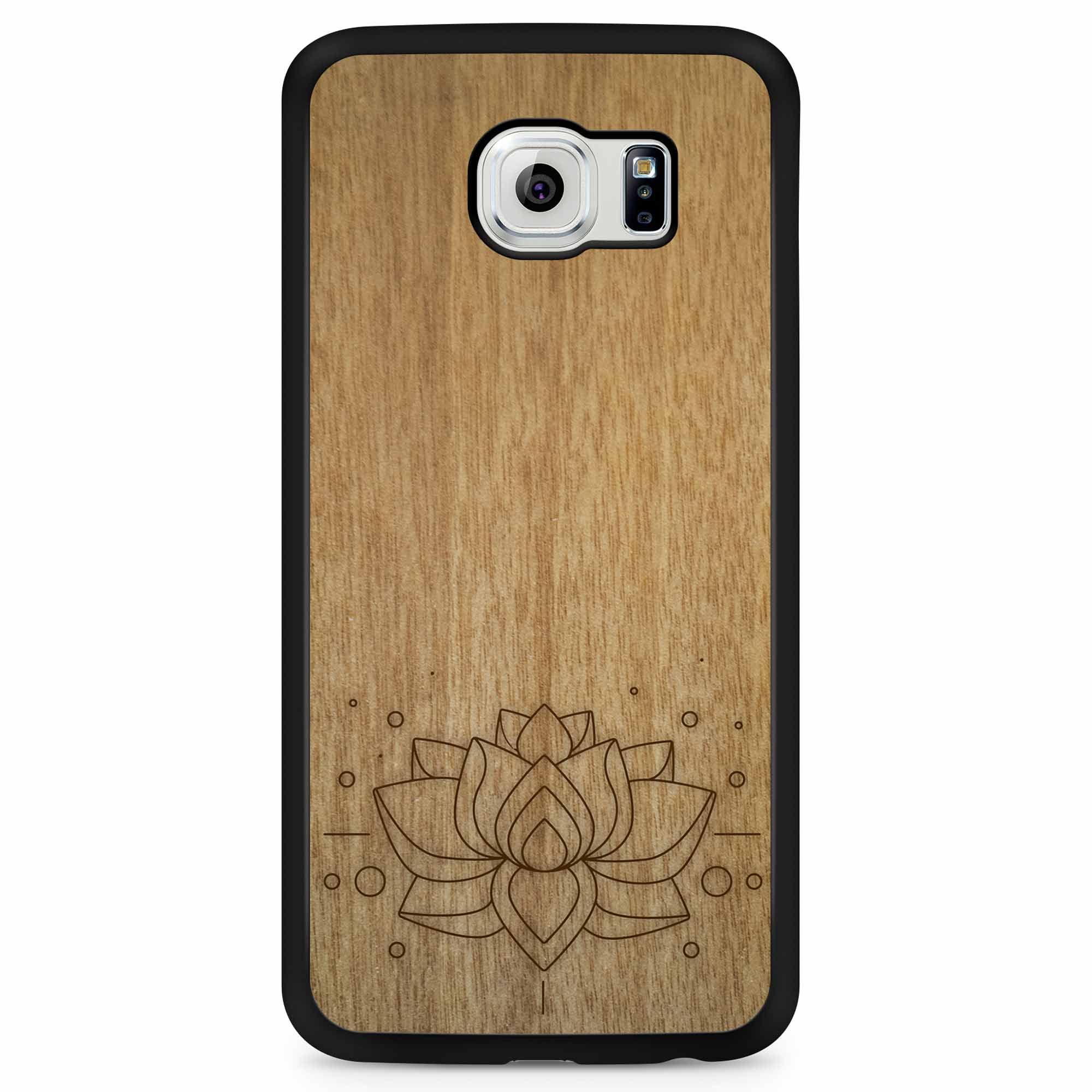 Engraved Lotus Flower wooden phone case showcasing intricate floral design and natural wood grain.