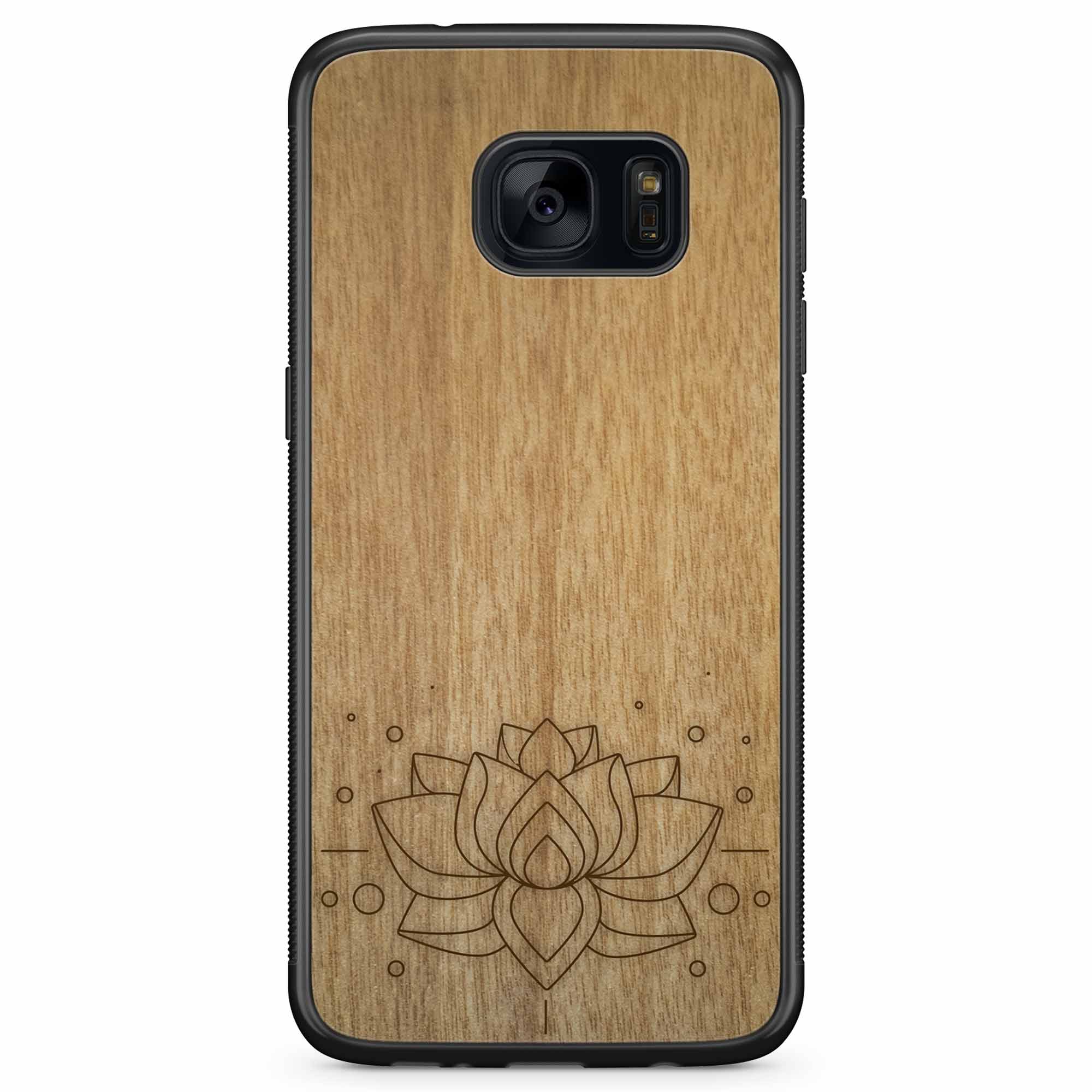 Engraved Lotus Flower wooden phone case showcasing intricate floral design and natural wood grain.