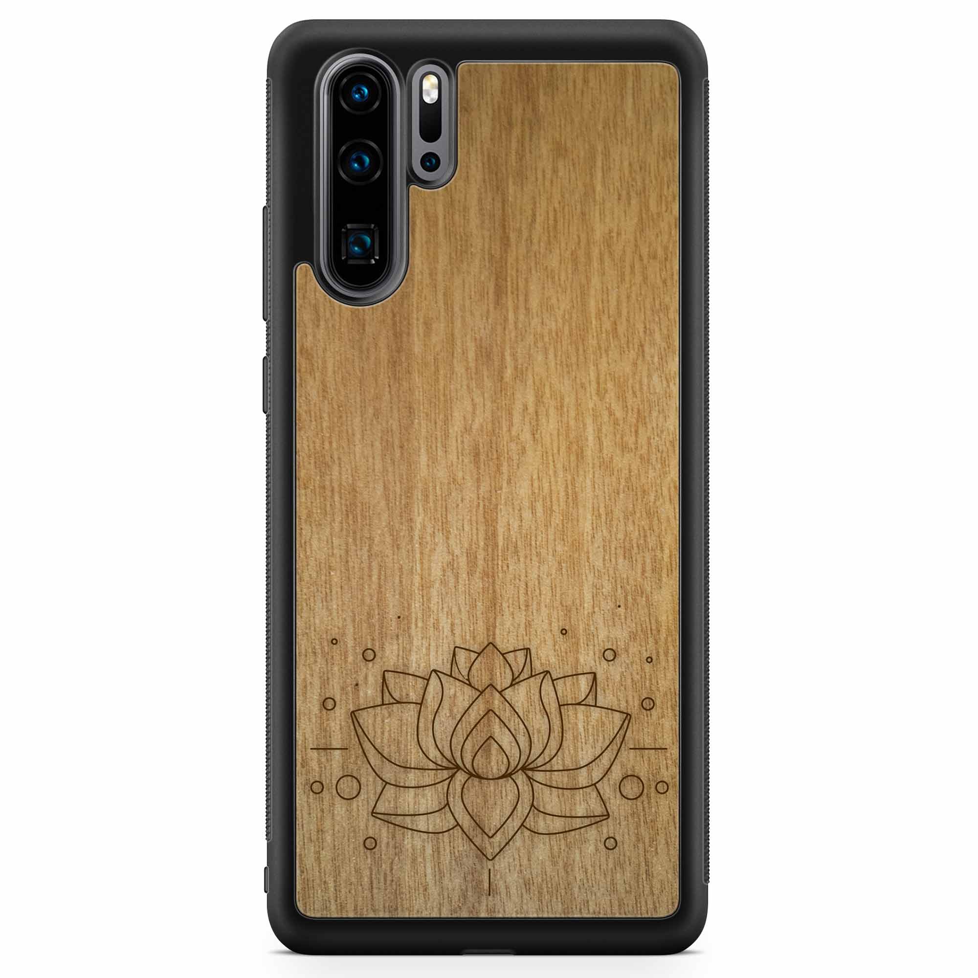 Engraved Lotus Flower wooden phone case showcasing intricate floral design and natural wood grain.