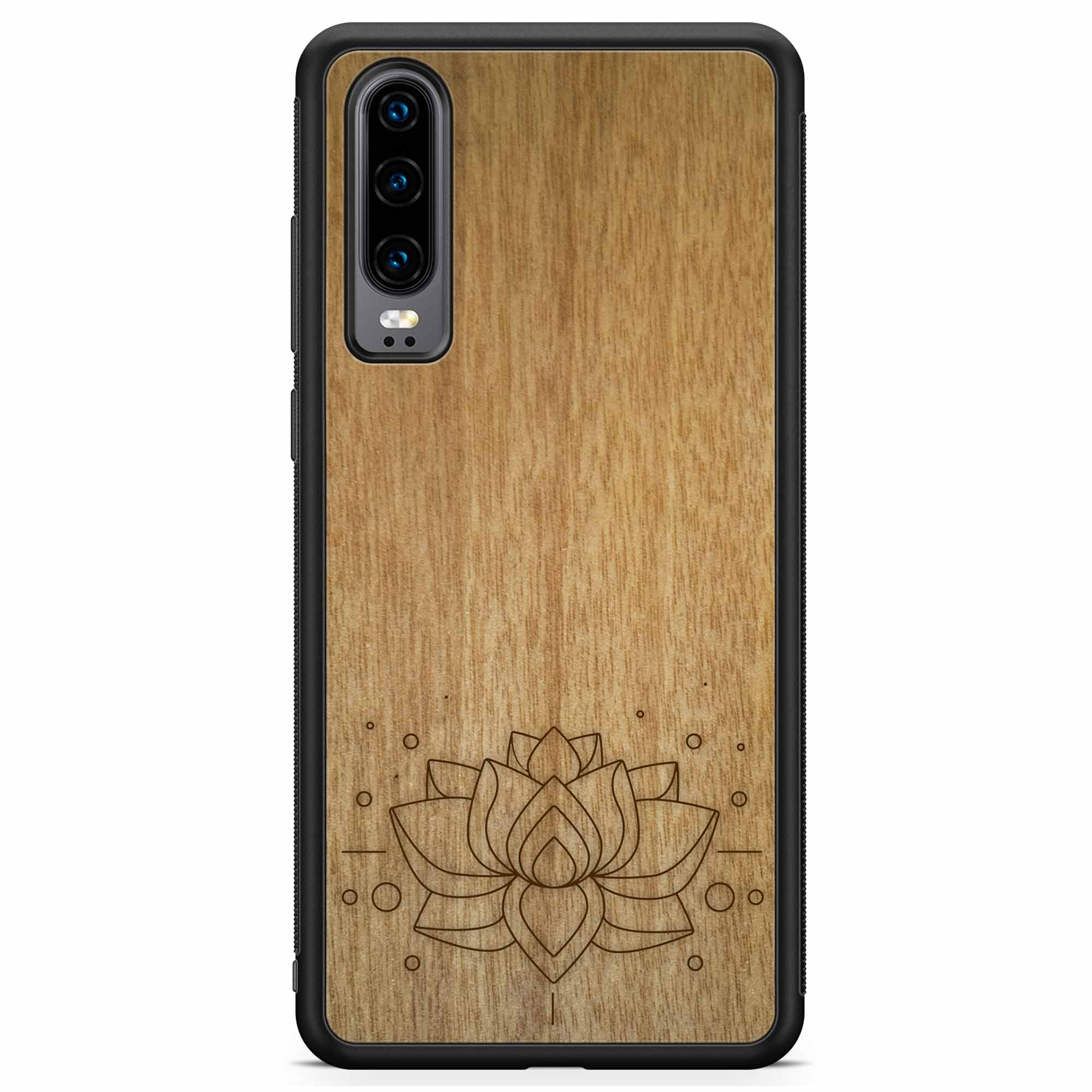 Engraved Lotus Flower wooden phone case showcasing intricate floral design and natural wood grain.