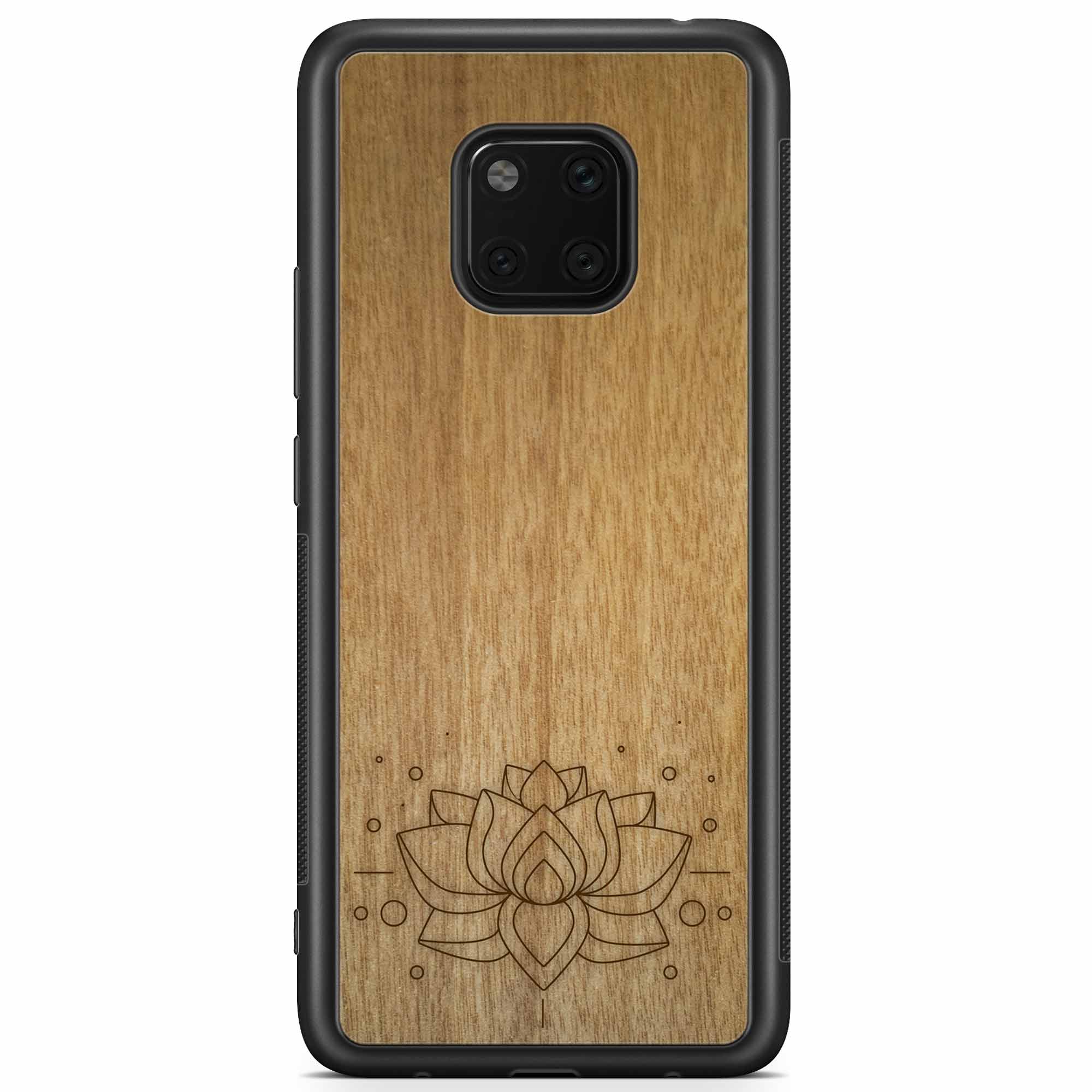 Engraved Lotus Flower wooden phone case showcasing intricate floral design and natural wood grain.