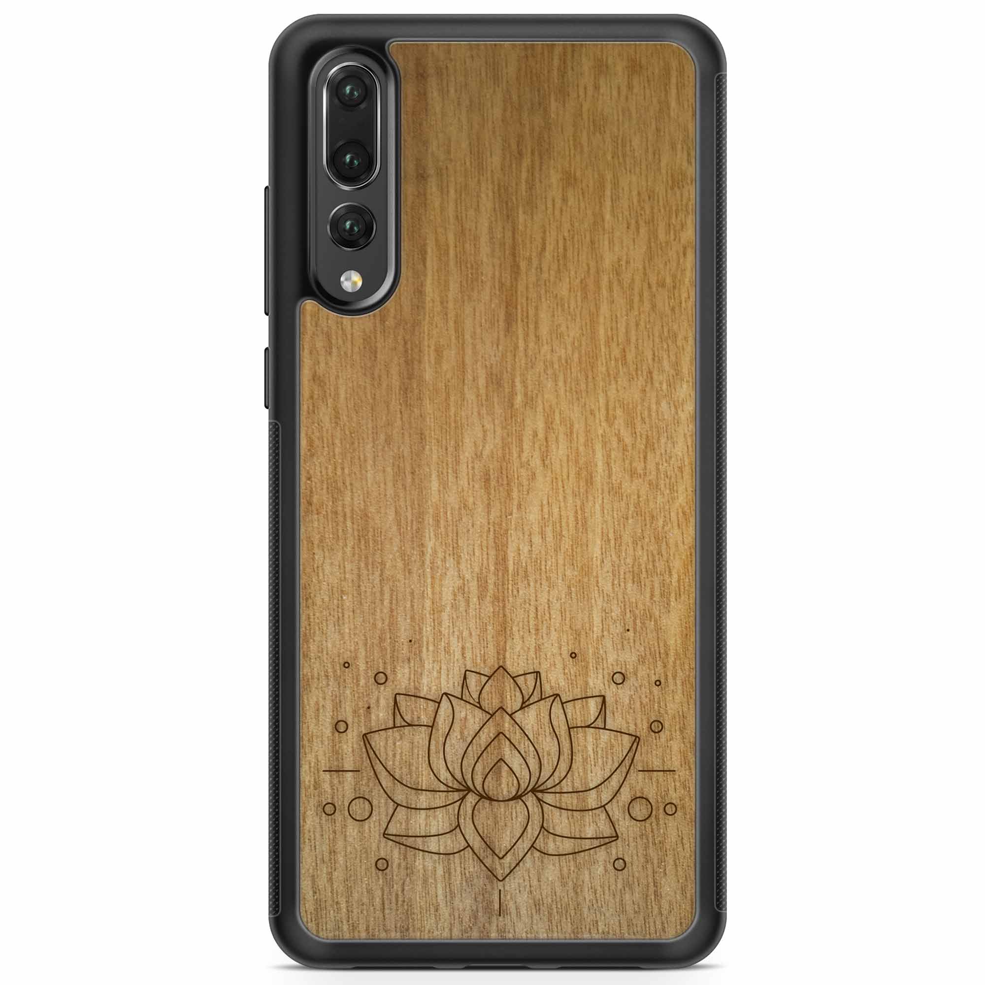 Engraved Lotus Flower wooden phone case showcasing intricate floral design and natural wood grain.