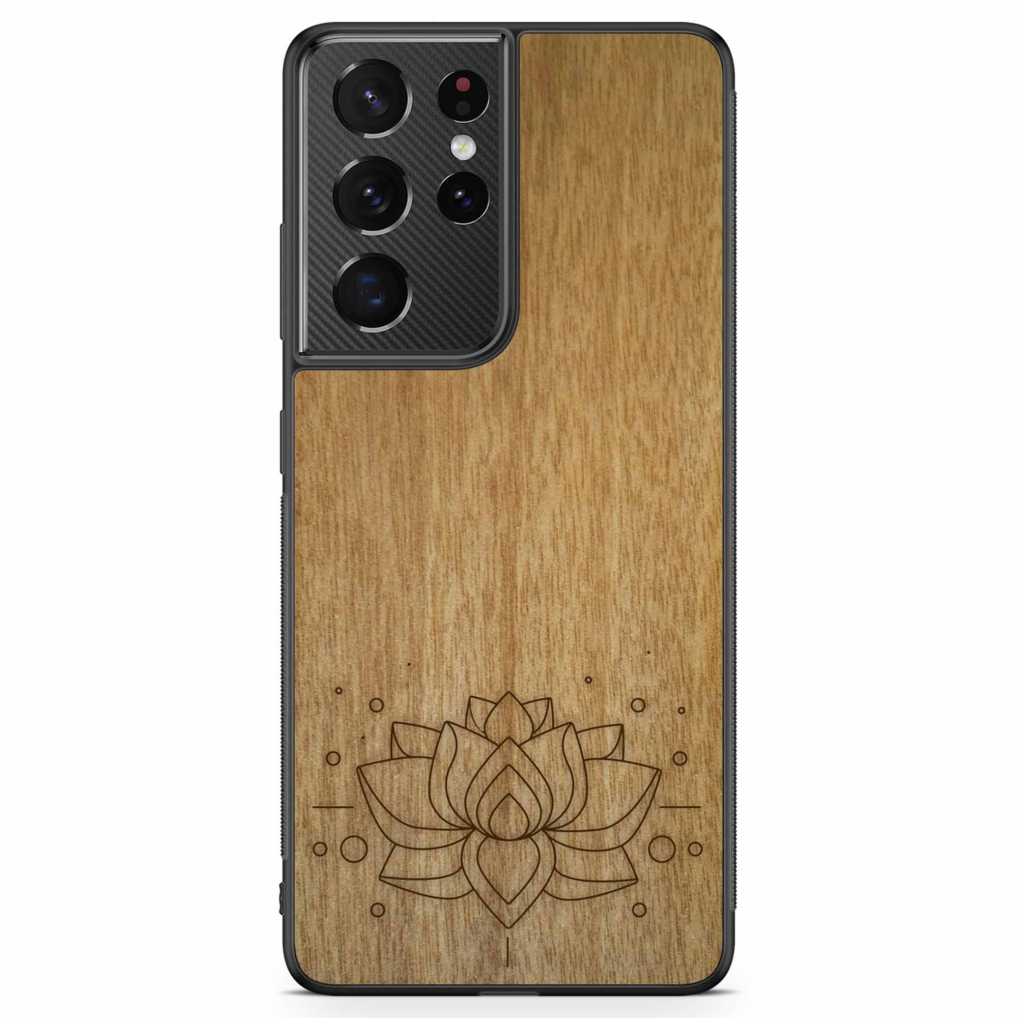 Engraved Lotus Flower wooden phone case showcasing intricate floral design and natural wood grain.