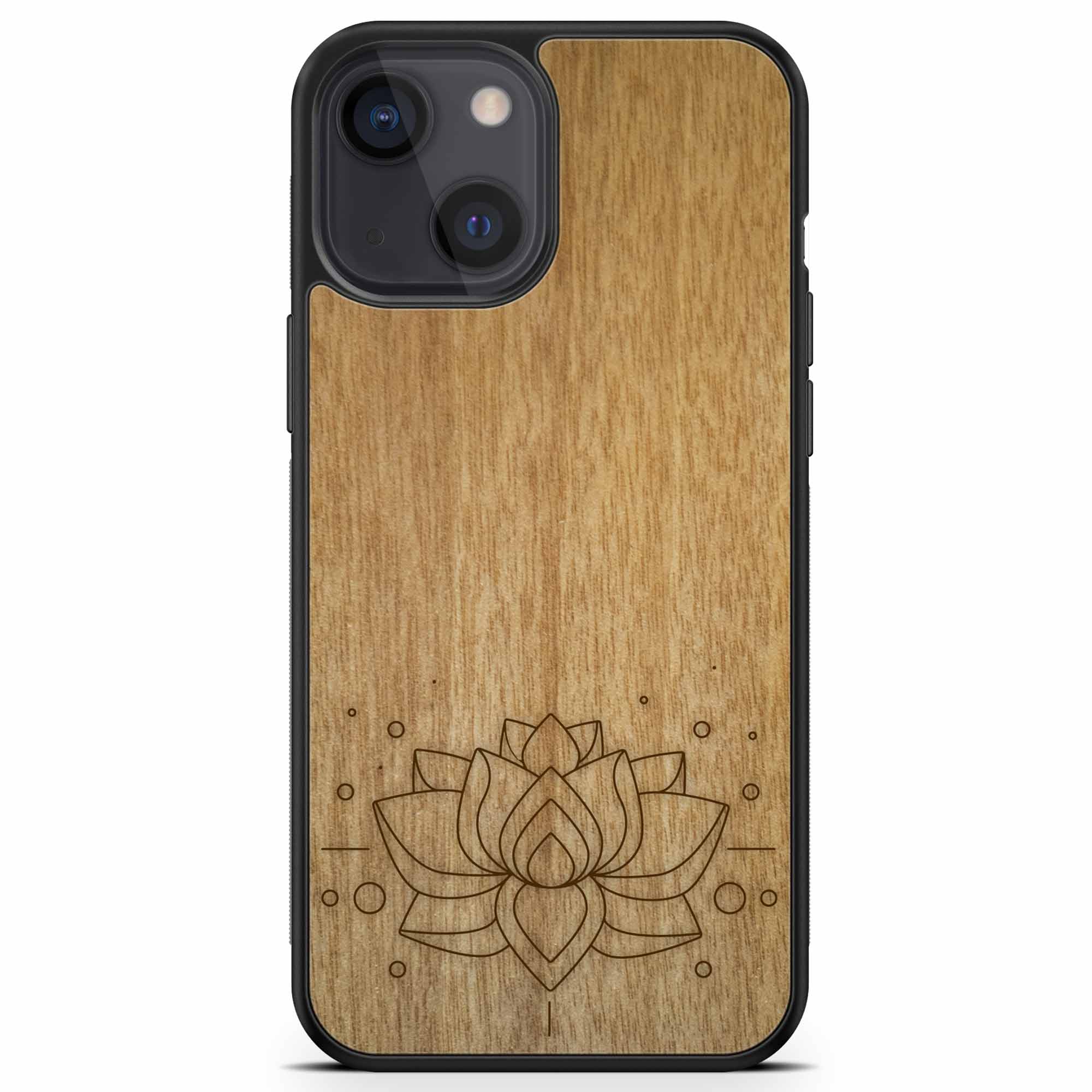 Engraved Lotus Flower wooden phone case showcasing intricate floral design and natural wood grain.