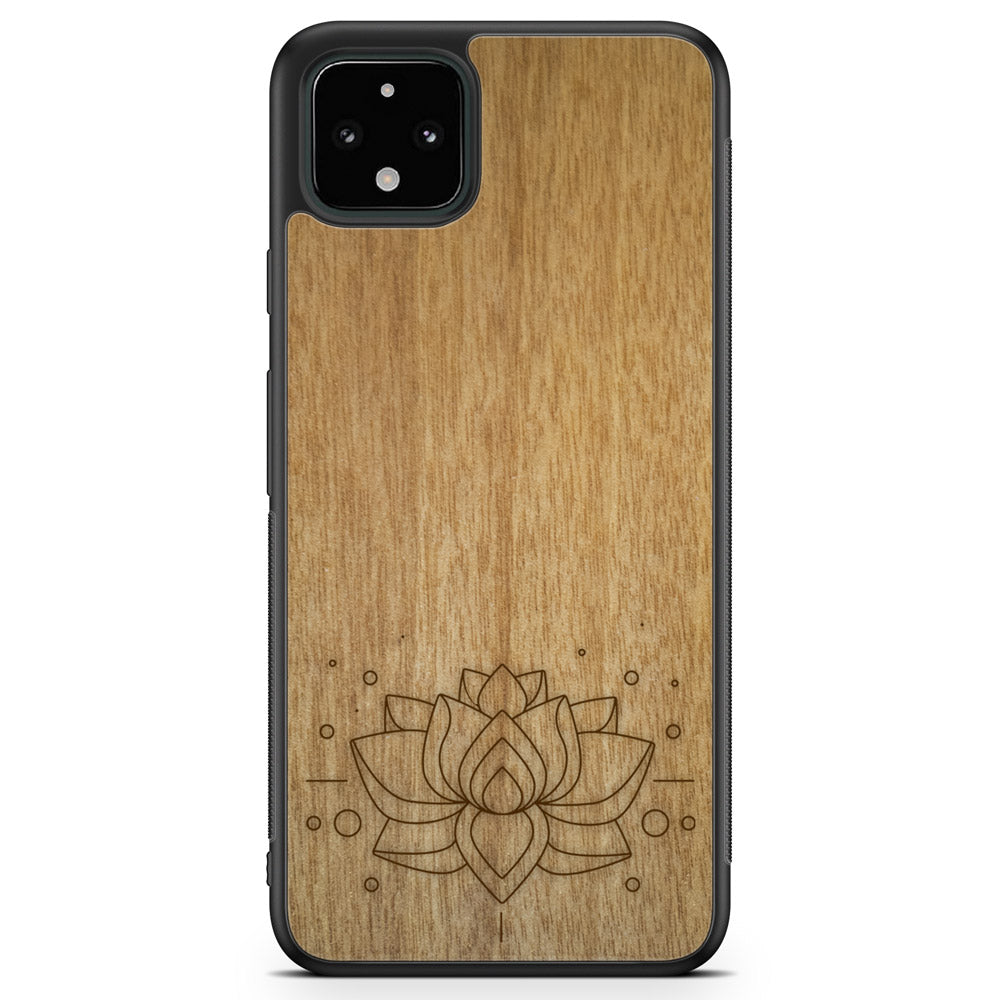 Engraved Lotus Flower wooden phone case showcasing intricate floral design and natural wood grain.