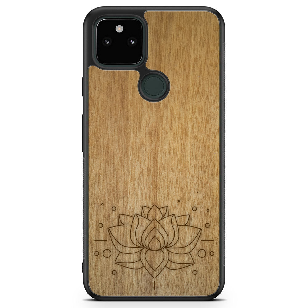 Engraved Lotus Flower wooden phone case showcasing intricate floral design and natural wood grain.