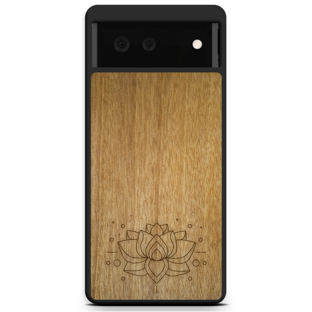 Engraved Lotus Flower wooden phone case showcasing intricate floral design and natural wood grain.