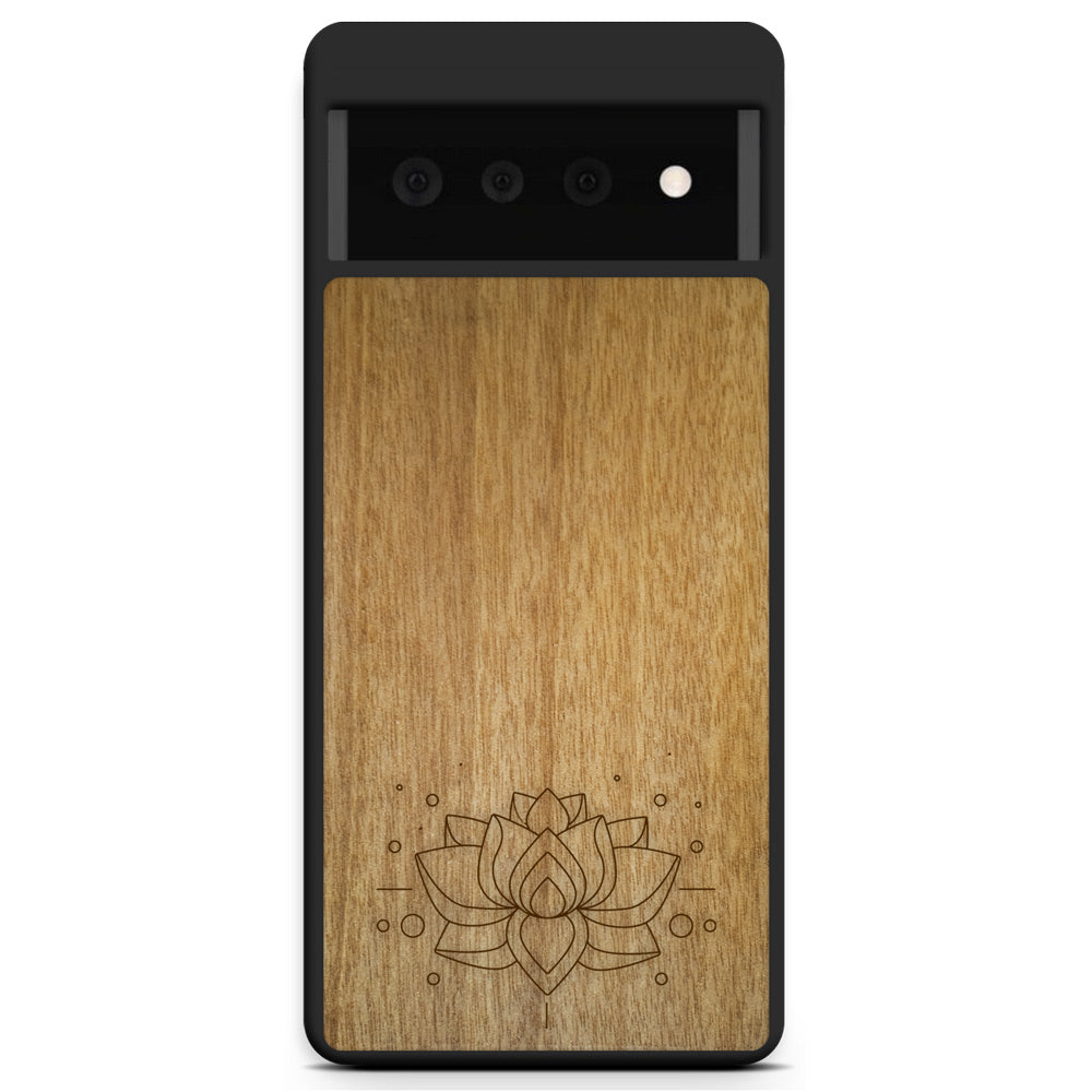 Engraved Lotus Flower wooden phone case showcasing intricate floral design and natural wood grain.