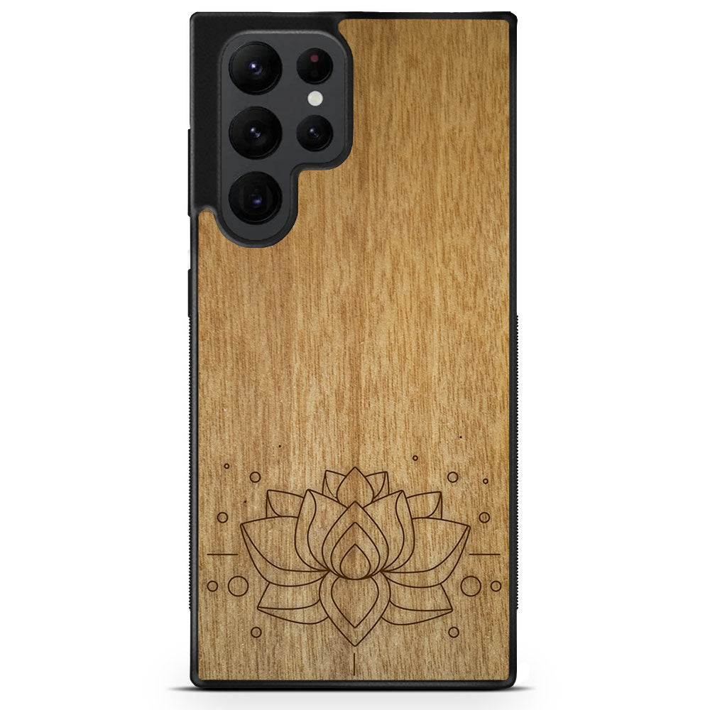 Engraved Lotus Flower wooden phone case showcasing intricate floral design and natural wood grain.