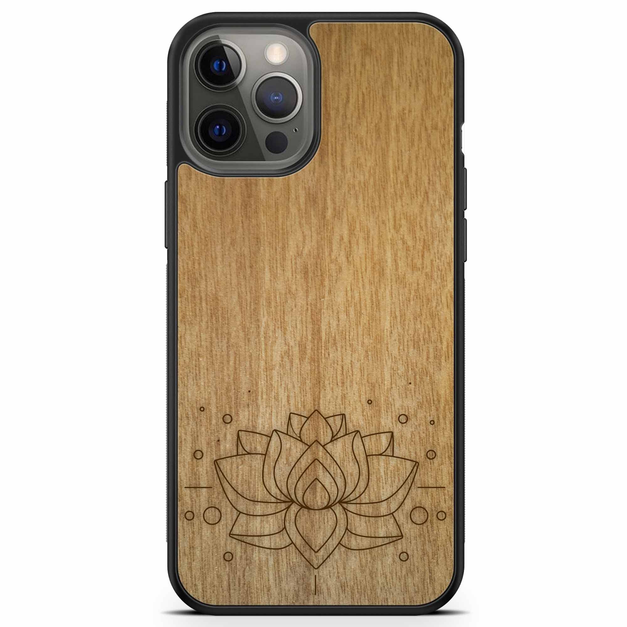 Engraved Lotus Flower wooden phone case showcasing intricate floral design and natural wood grain.