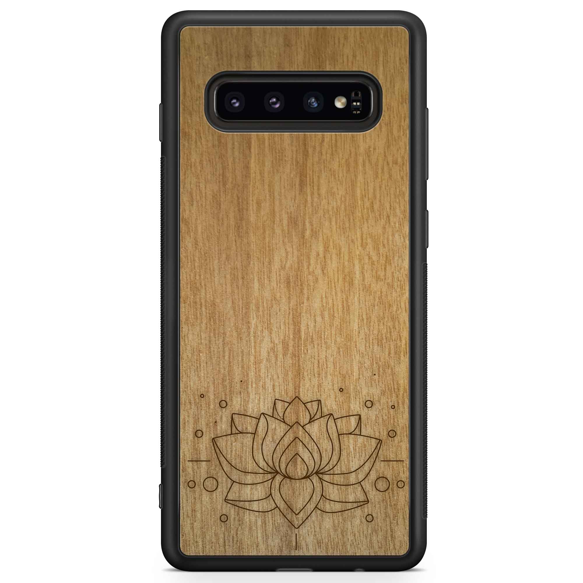 Engraved Lotus Flower wooden phone case showcasing intricate floral design and natural wood grain.