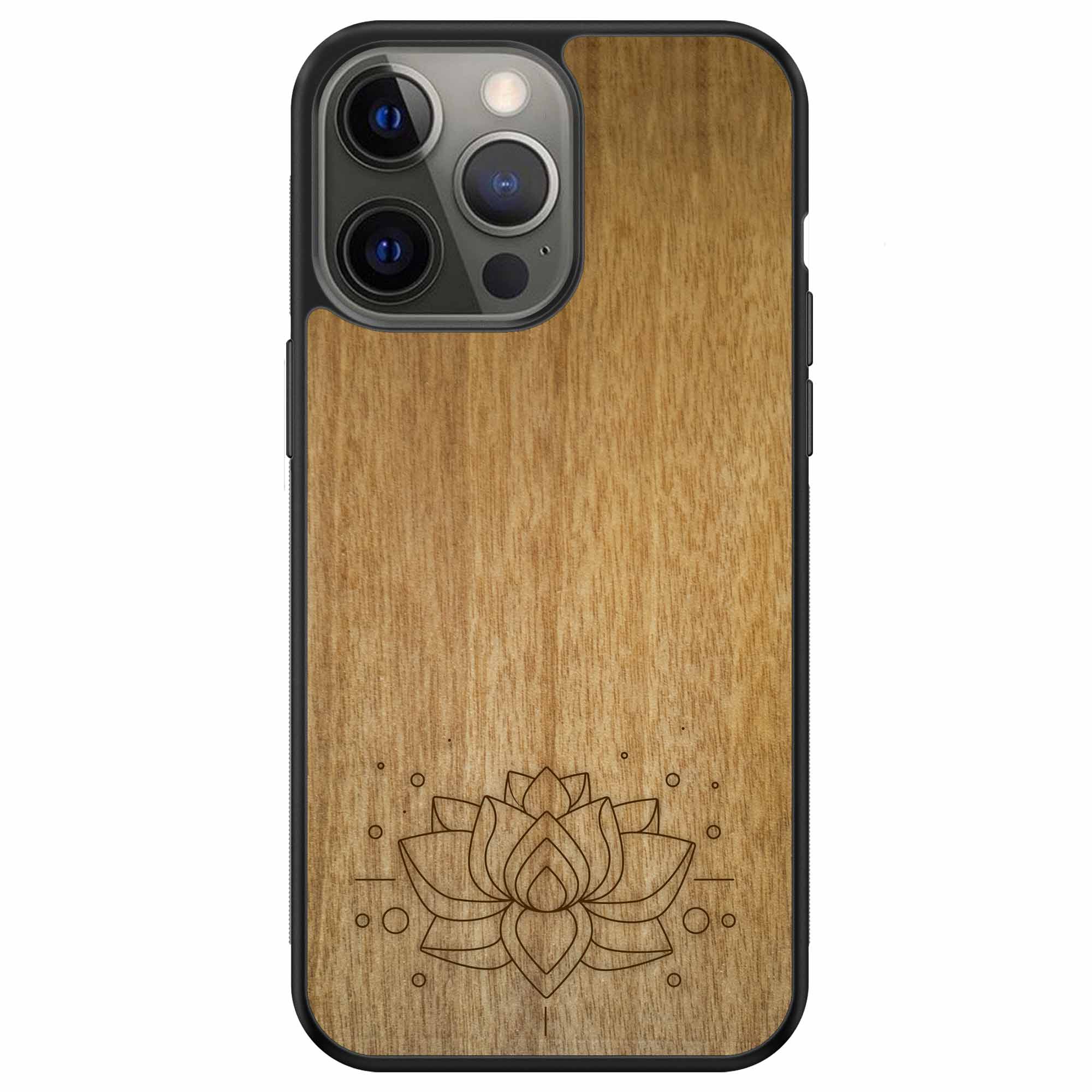 Engraved Lotus Flower wooden phone case showcasing intricate floral design and natural wood grain.