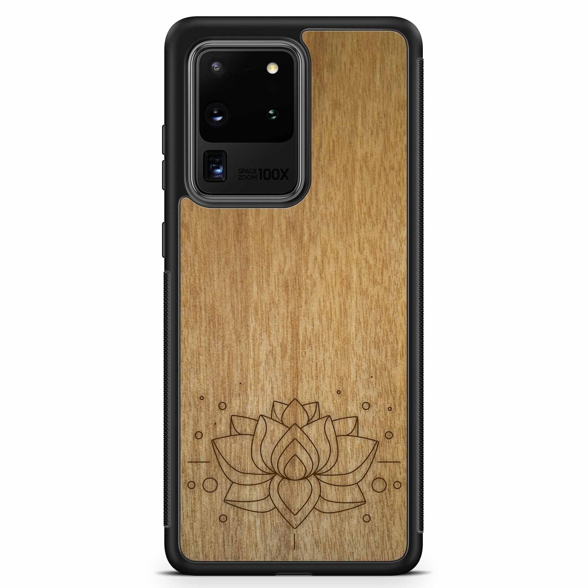 Engraved Lotus Flower wooden phone case showcasing intricate floral design and natural wood grain.