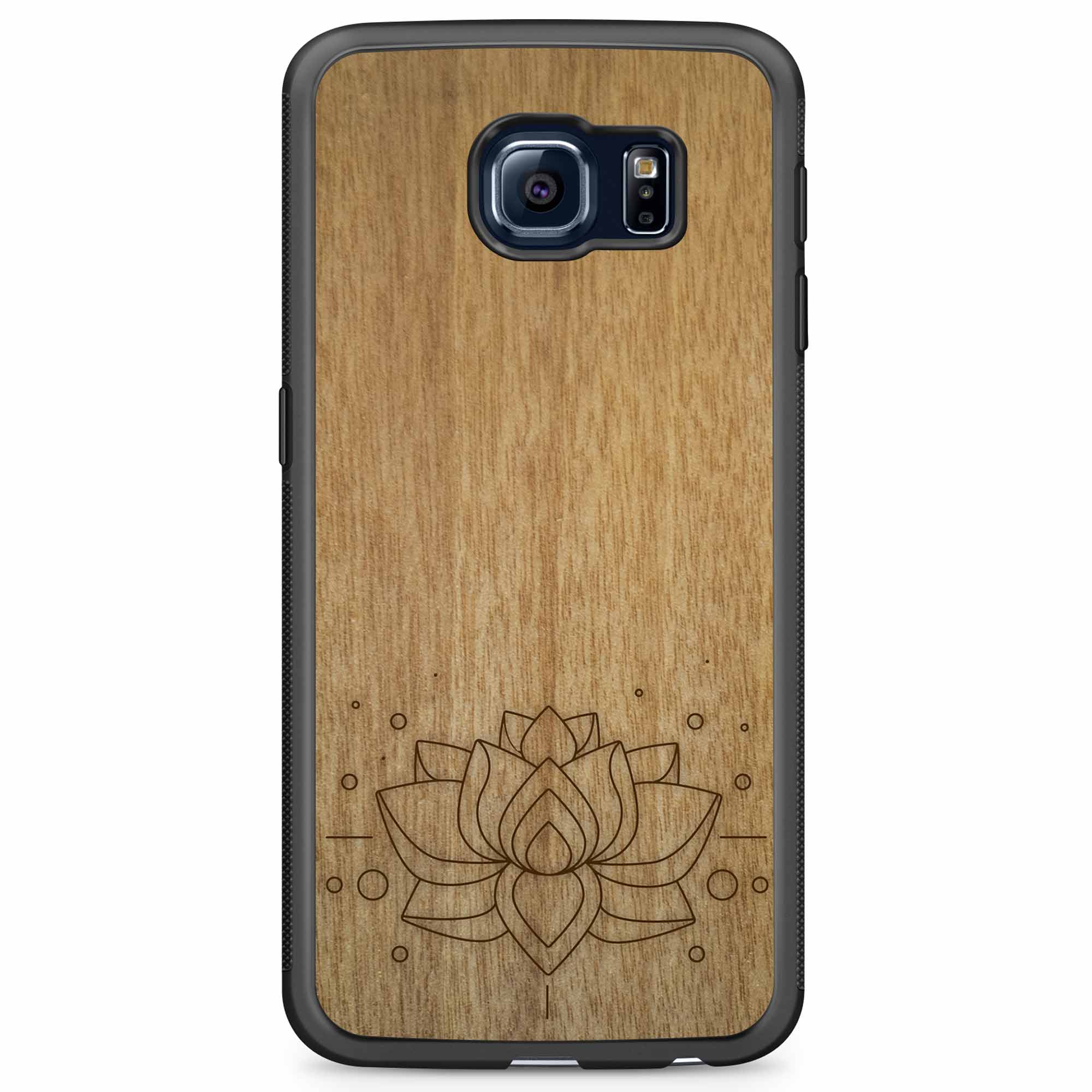 Engraved Lotus Flower wooden phone case showcasing intricate floral design and natural wood grain.