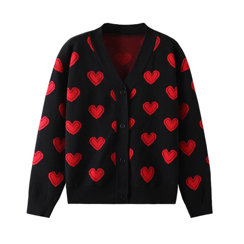 A stylish Love Heart Pattern Warm Sweater Jacket featuring a vintage V-neck design, perfect for women in spring and autumn.