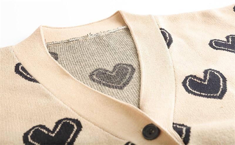 A stylish Love Heart Pattern Warm Sweater Jacket featuring a vintage V-neck design, perfect for women in spring and autumn.