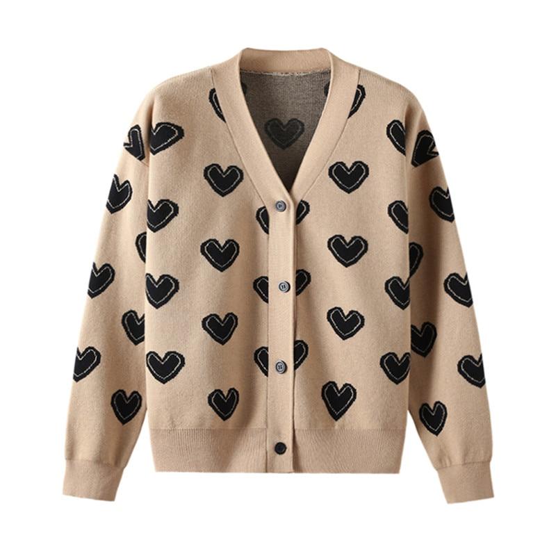 A stylish Love Heart Pattern Warm Sweater Jacket featuring a vintage V-neck design, perfect for women in spring and autumn.