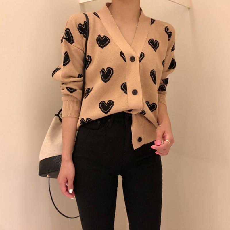 A stylish Love Heart Pattern Warm Sweater Jacket featuring a vintage V-neck design, perfect for women in spring and autumn.